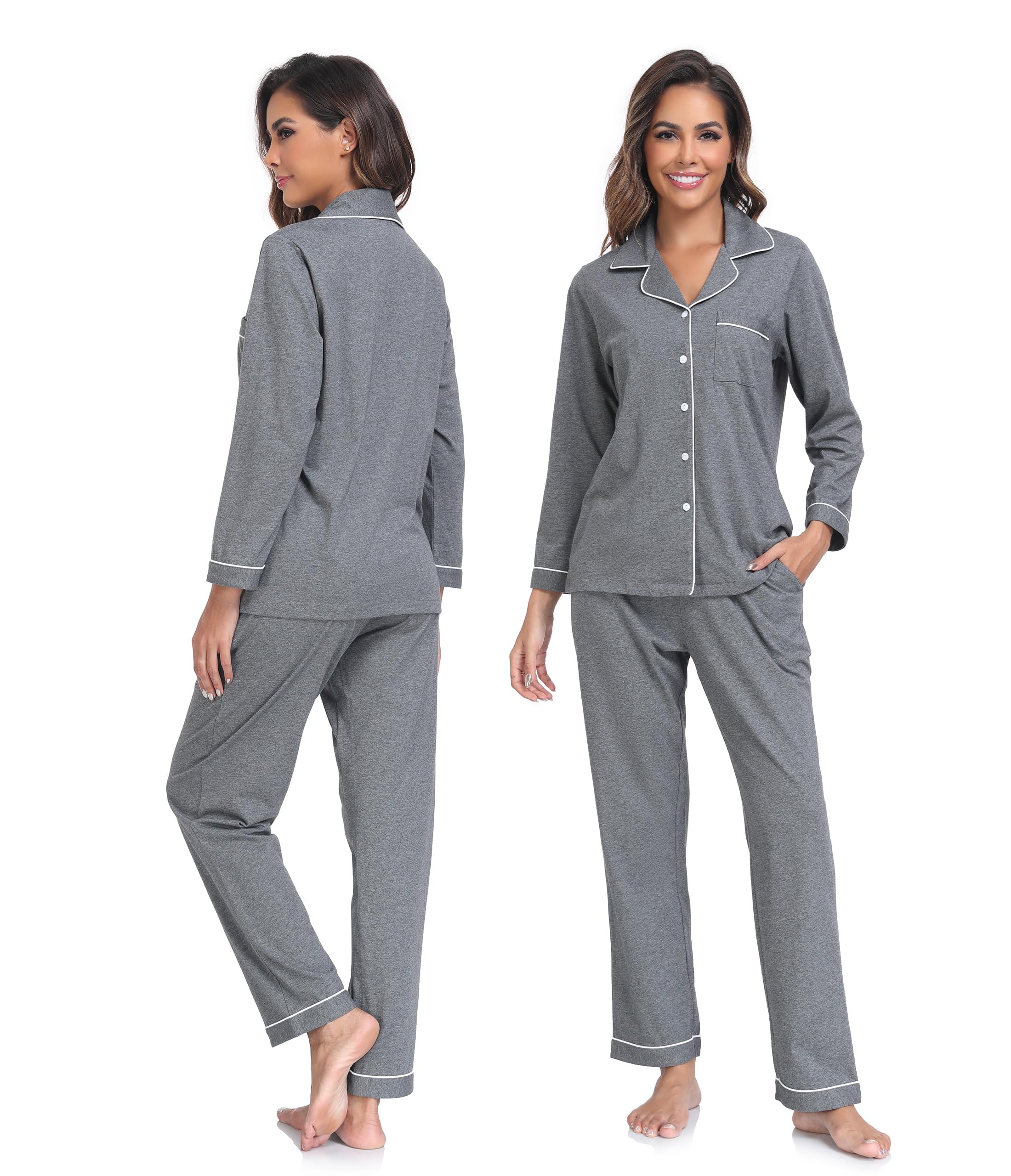 COLORFULLEAF Pigiama da donna, 100% cotone, con bottoni, a maniche lunghe, set da 2 pezzi, biancheria da notte