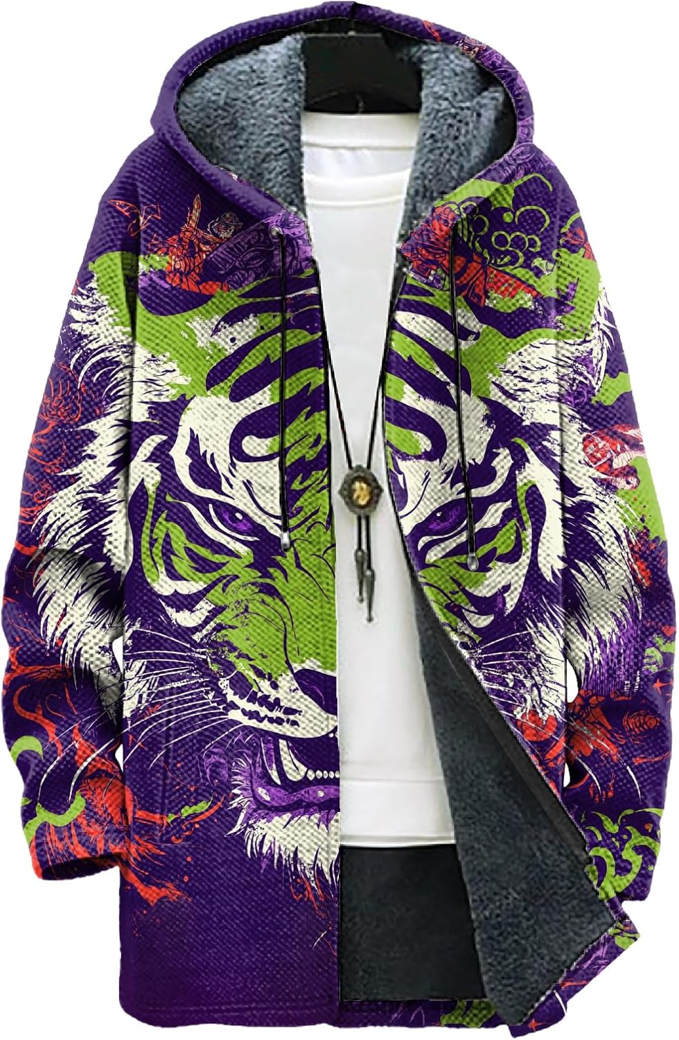 MARSVOVO Long Hooded Cardigan Men Japanese Art Style Fashion Cool Graphic Streetwear Winter Warm Lined Fleece Jacket