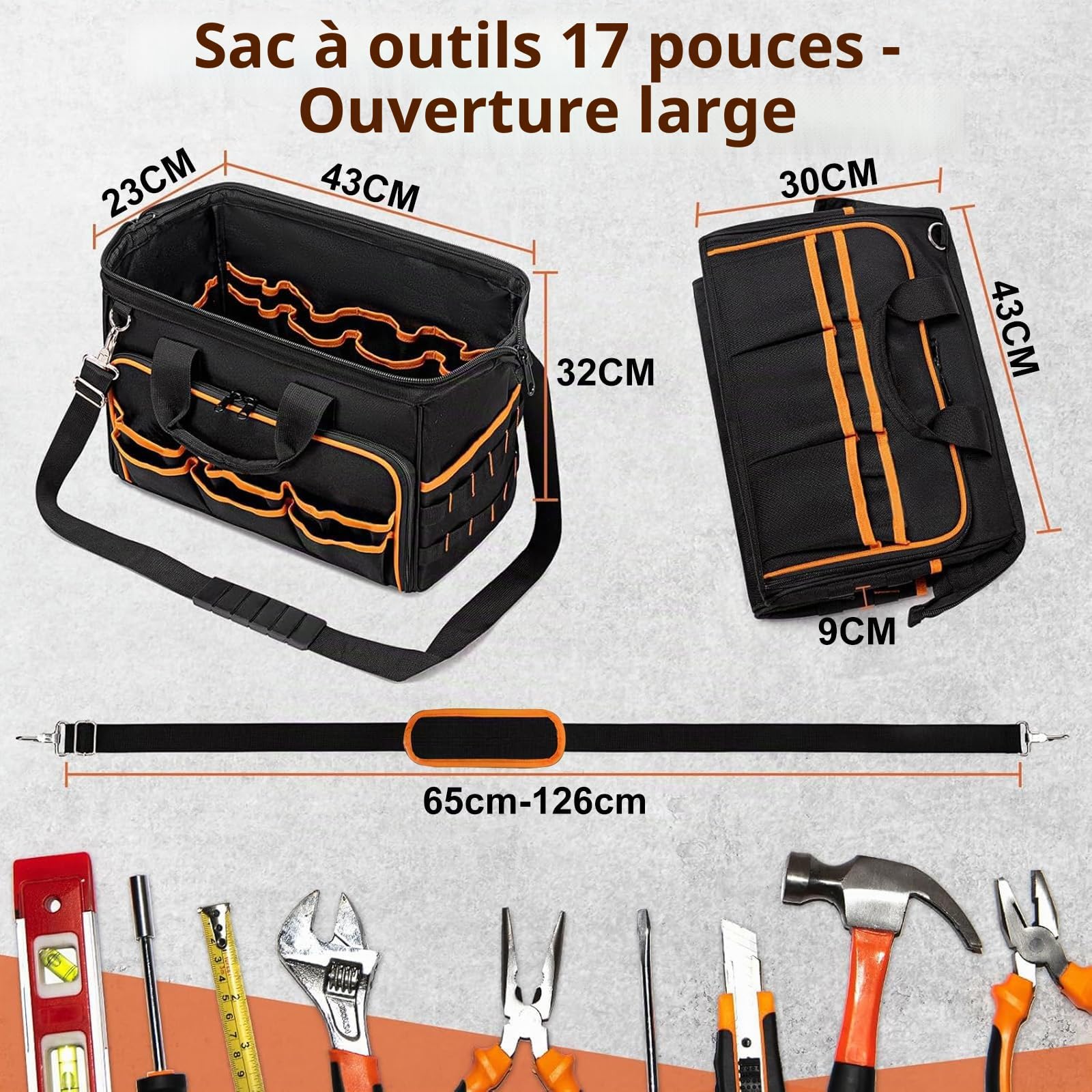 Sac à Outils 17 Pouces, 42 Poches Sacoche Outils Vide, avec Bandoulière Réglable et Base Étanche, pour Bricolage et Rangement, pour Papa Homme Mécanicien électricien(Sac Uniquement)
