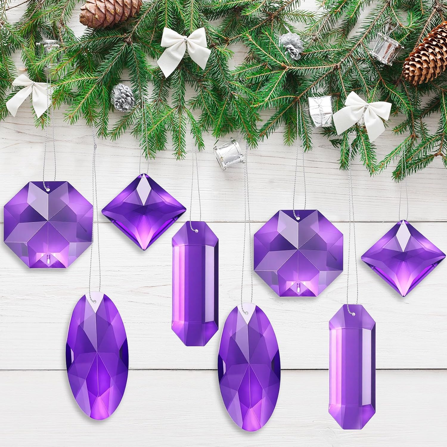 8 Pack Jewel Ornaments 1.2" - 3.5" Crystal Jewel Hanging Decorations for Christmas Tree Glitter Gemstone Ornaments Rectangle Square Oval Rhombus for Home Wedding & Holiday Party Decor(Purple) - Image 2