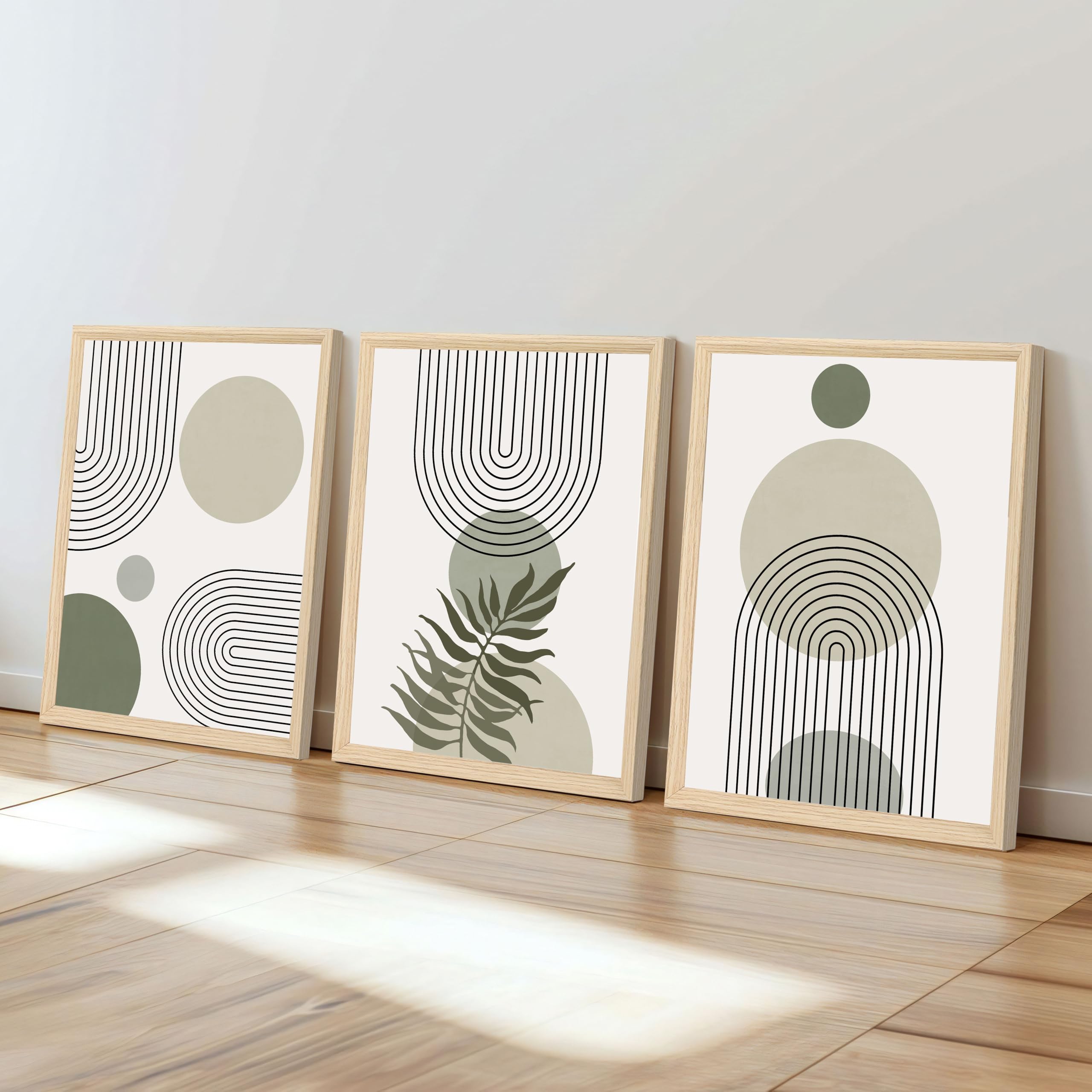 3 Pcs Wooden Framed Canvas Wall Art Set Bohemian Sage Green Canvas Prints Poster Geometric Line Beige Green Pictures for Living Room Bedroom Dinning Room Hallway Stairs Wall Decor 30x40cm x3pcs — view 527