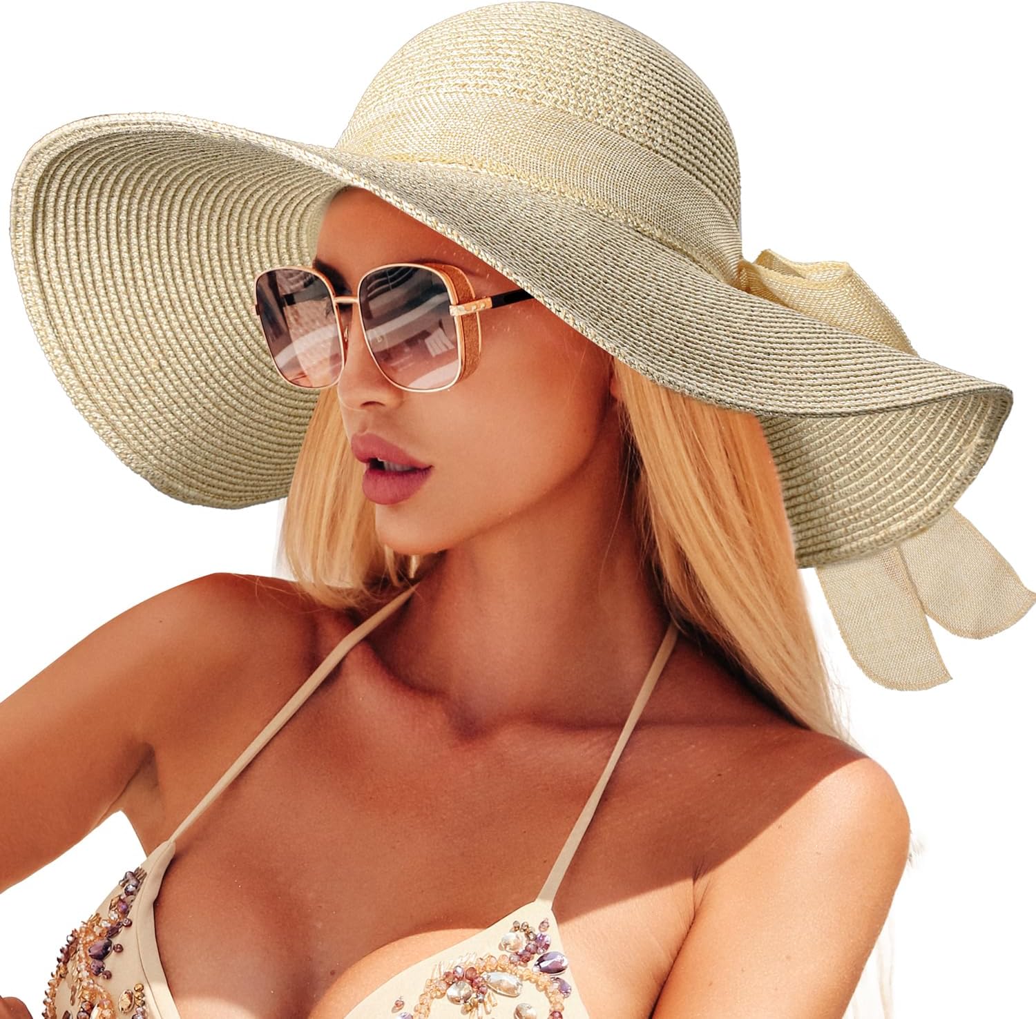Women’s Wide Brim Straw Beach Hats – Packable UV 50+ Protection