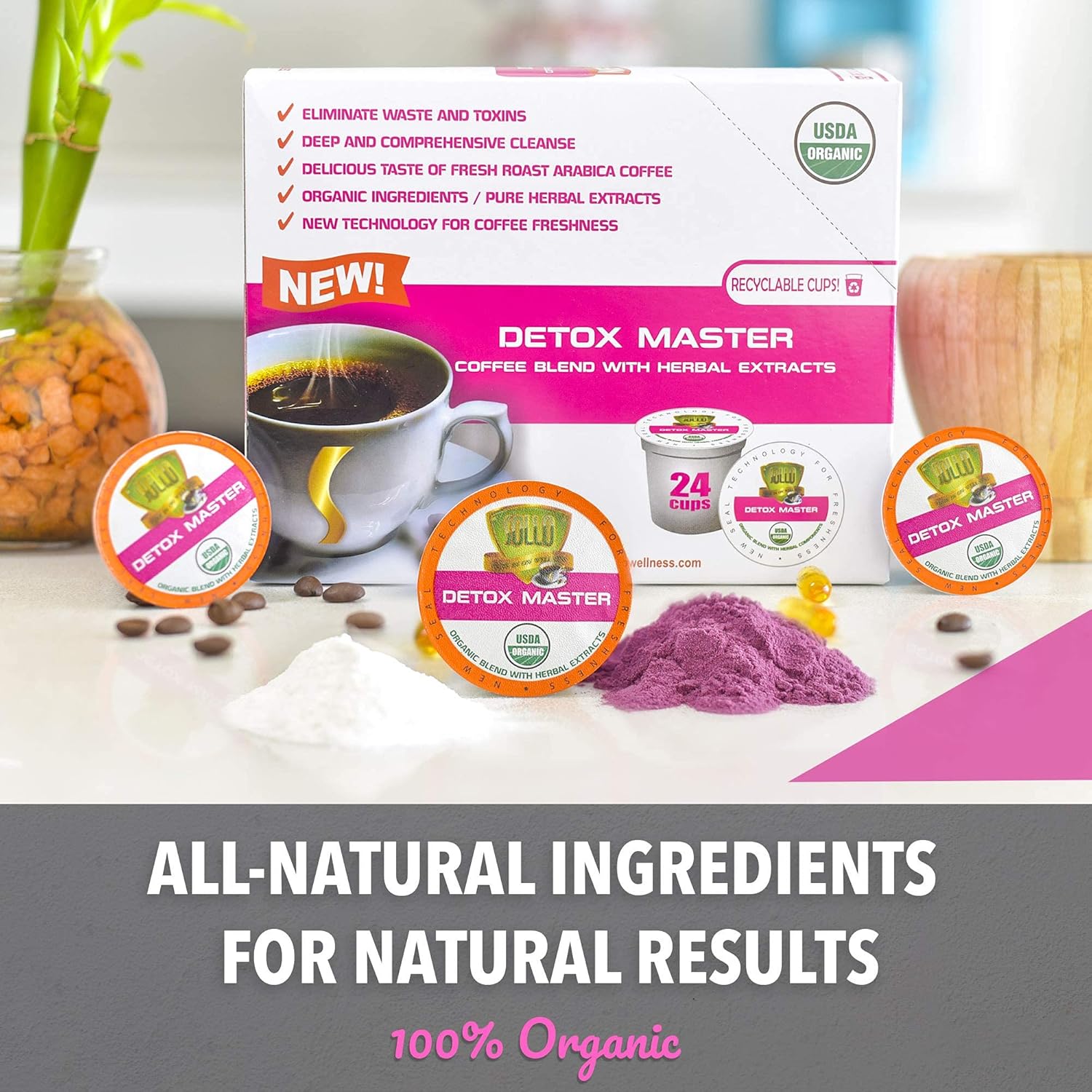 SOLLO Organic Detox Coffee Pods with Superfoods, Herbal Extracts, Bold and Smooth, Compatible with Keurig 2.0 Brewers, 24 K-Cup