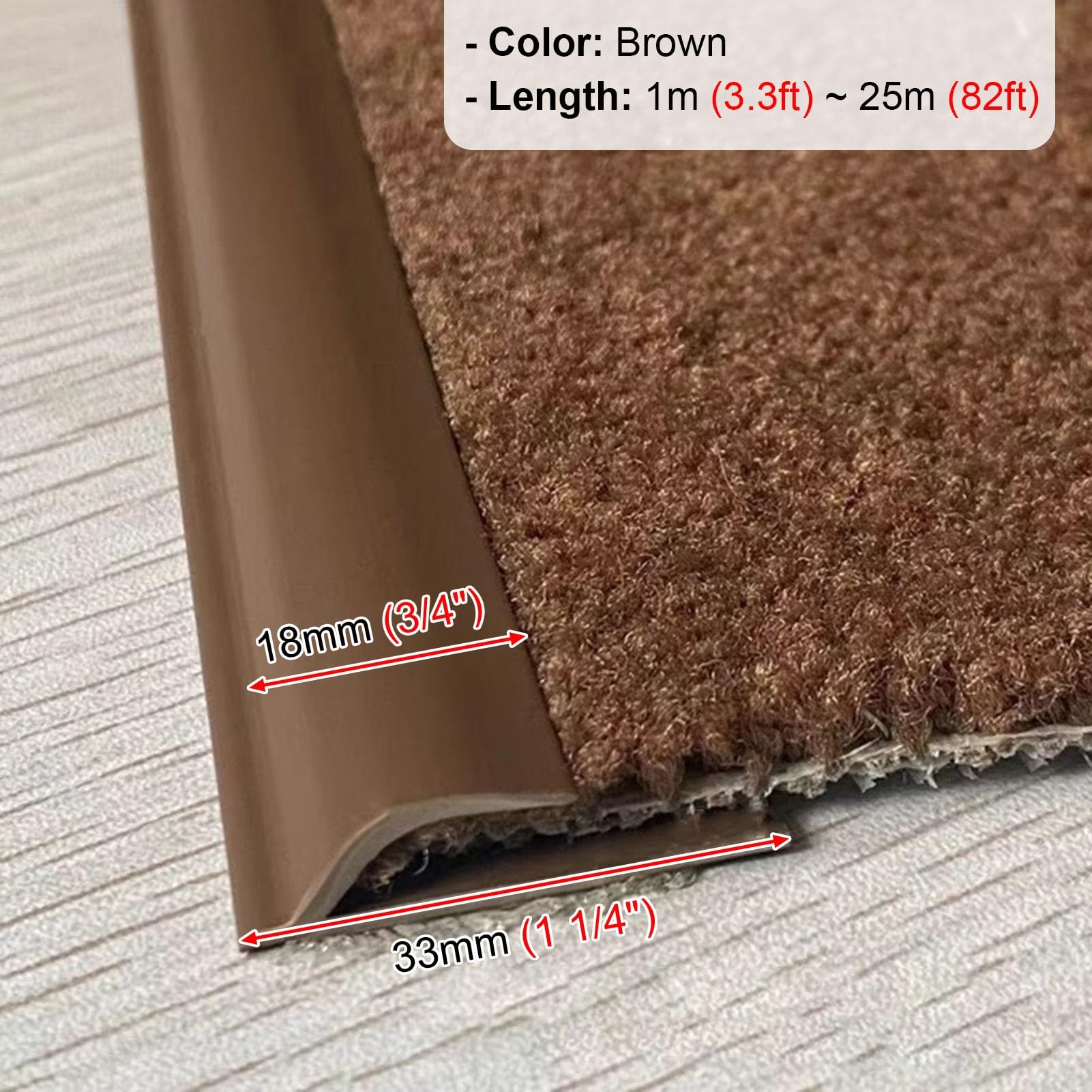 Vibeo Barre de Seuil Bande de Transition Moquette-Bois, Bordure de Moquette en PVC, Bordure de Tapis, Couvre-seuil de Moquette, Bande de Séparation pour L'extérieur et L'intérieur(Brown,4m (13.1ft))