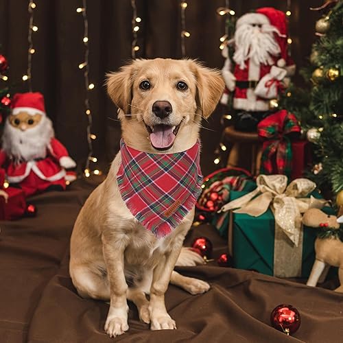 Miniatura 10 de ADOGGYGO Bandanas navideñas para perros con borlas, babero de Navidad a cuadros rojos y verdes, varios tamaños disponibles, bandanas de Navidad para