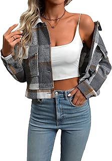 Oulivey Women's Flannel Cropped Plaid Shacket Jacket Button Down Long Sleeve Shirts Tops