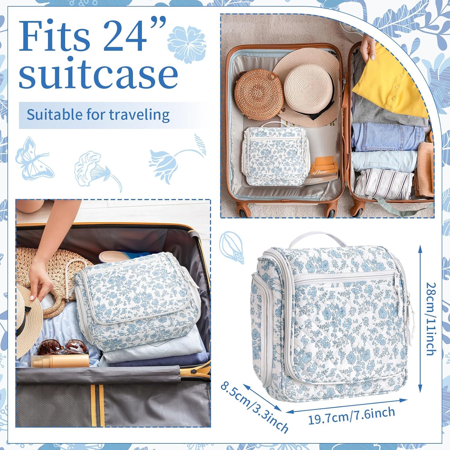 Eccliy Blue Floral Travel Toiletry Bag for Women Quilted Makeup Bag with 19 Compartments and Hook Christmas Gift for Women Toiletry Organizer for Cosmetics Bathroom Shower Travel Accessory Essentials - Image 2