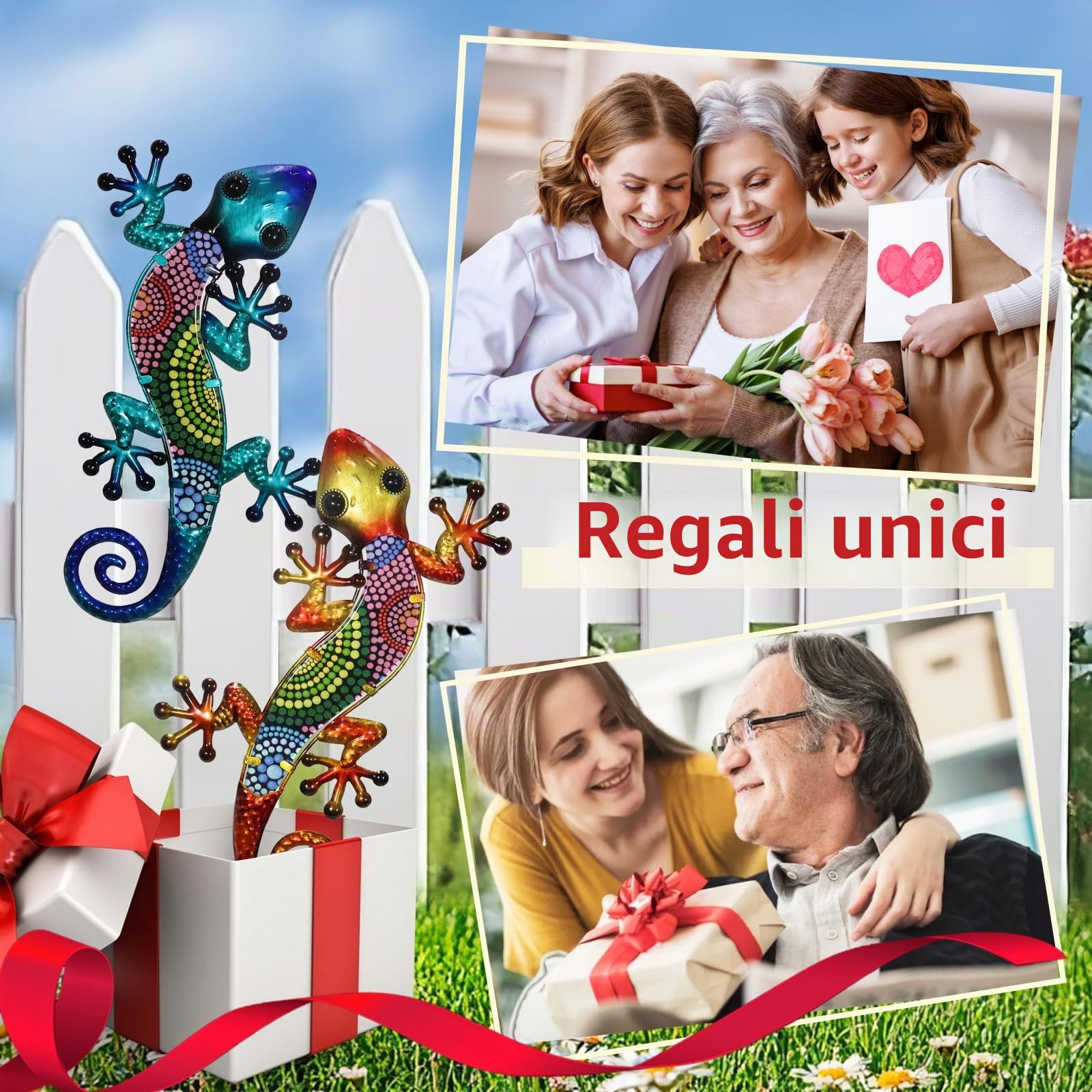 HONGLAND Gecko - Decorazione da parete in metallo, confezione da 2, 38,1 cm, decorazione per esterni, scultura in vetro da appendere, decorazione per giardino, recinto e casa