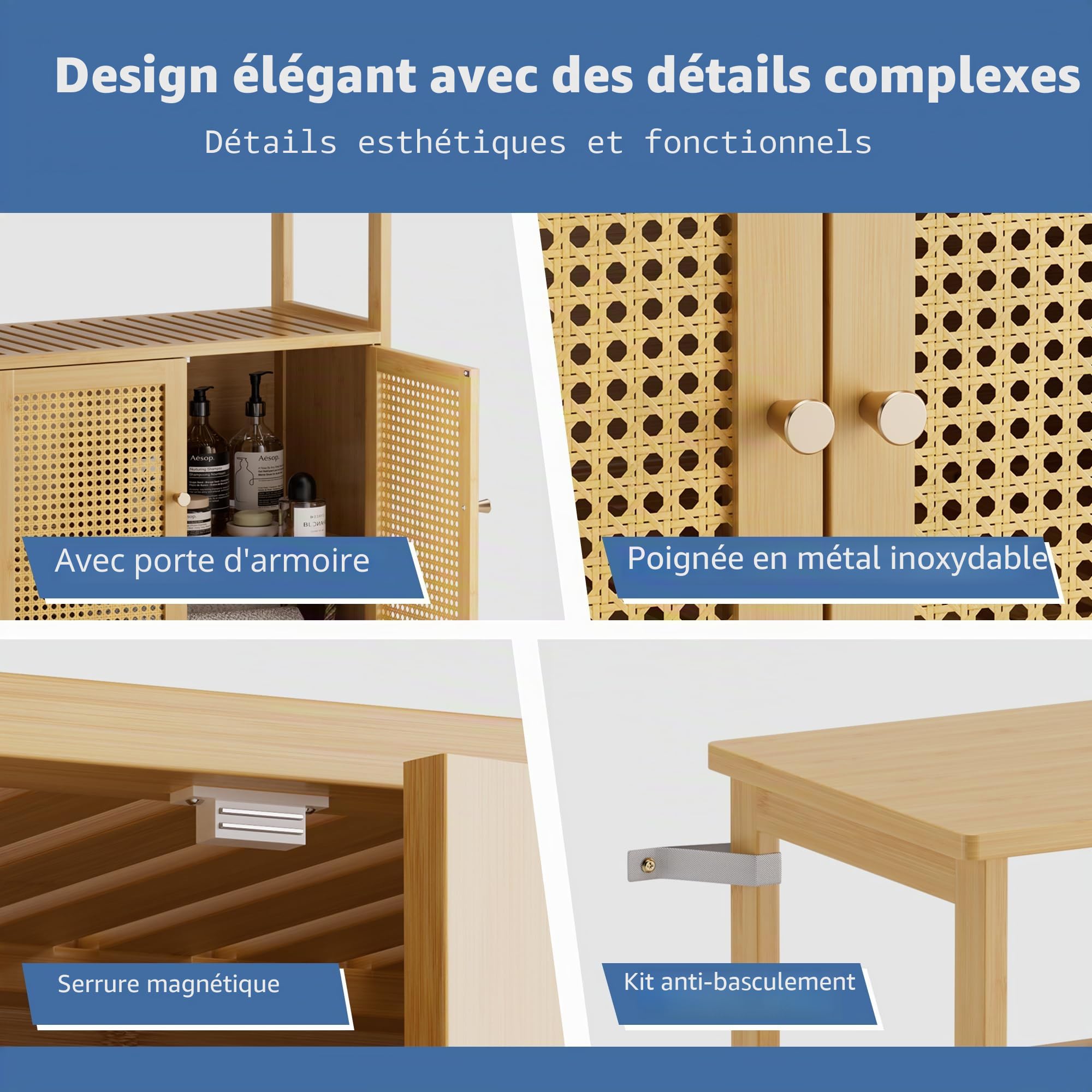 HITNET Armoire de Rangement en Rotin, Meuble de Salle de Bain avec 2 Portes, Armoire sur Pied en Bambou, Organisateur latéral autoportant pour Salon, Cuisine, entrée, Naturel