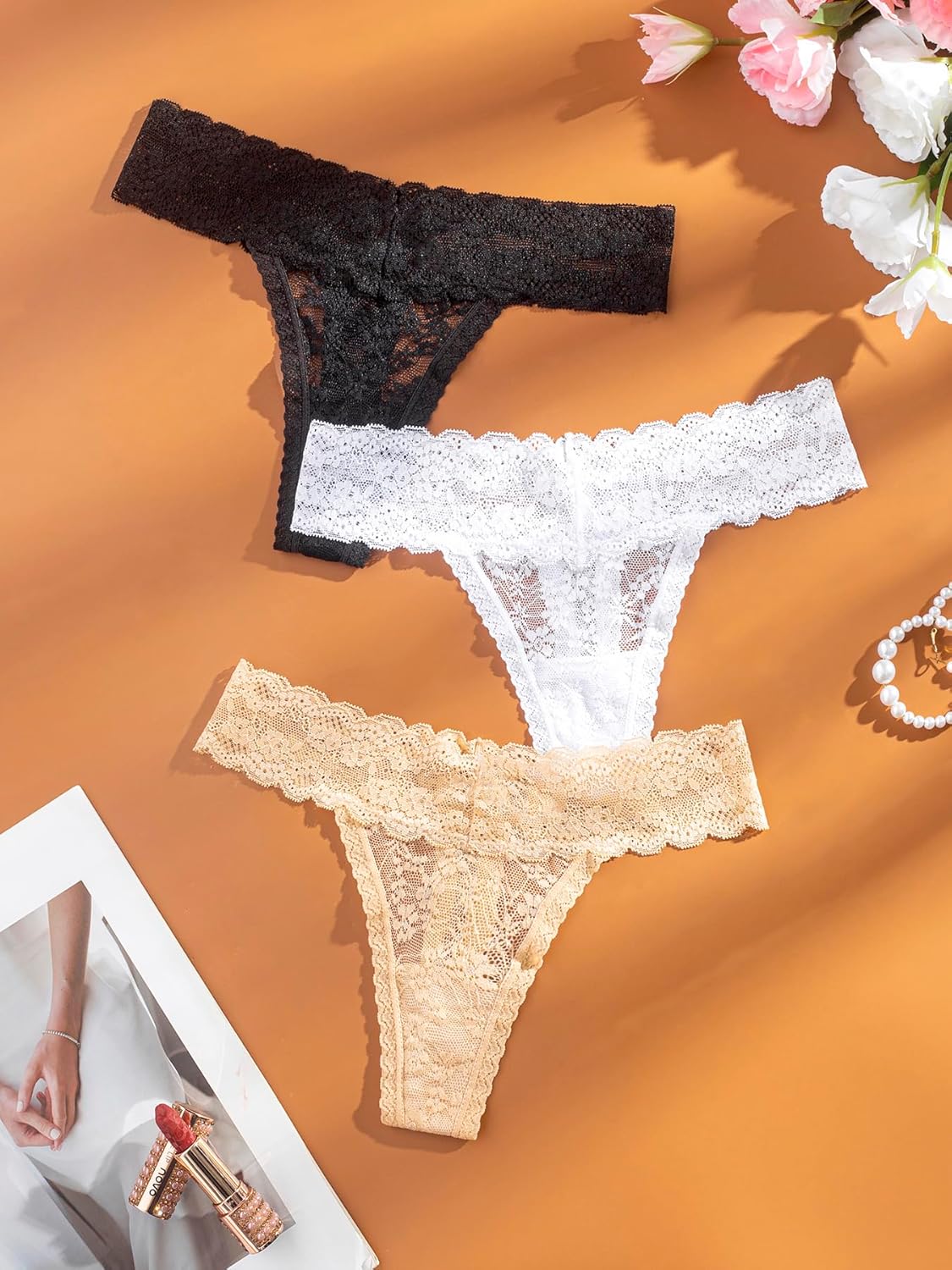 Hlizonn Women’s Lace T-Back Thongs 3-Pack Sheer Cheeky Underwear Briefs with Cotton Crotch Panties Undies Tanga - Image 2