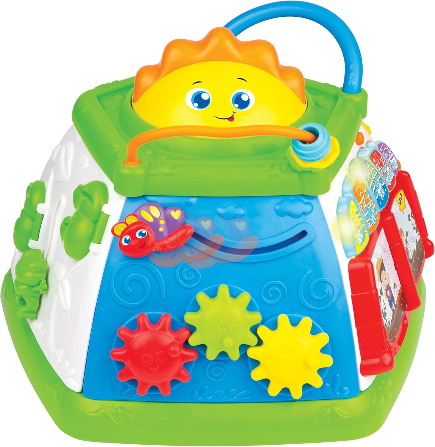 winfun Lil Greenthumb Activity Cube for Babies 6 Months+ | Educational Toy with Lights, Music, Shape Sorter, Spinners, Sliding Animals | CPS Stage 2 Learning Toy | Battery Operated Fun