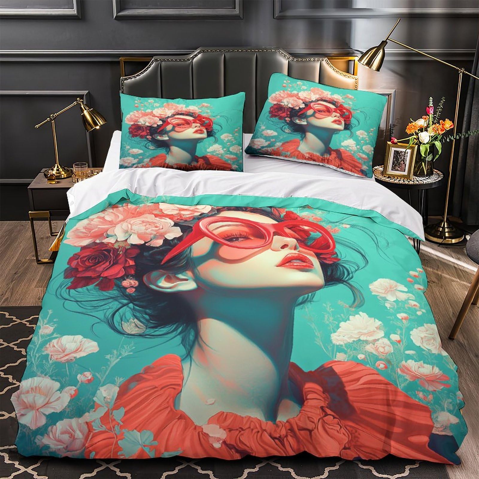 Housse de couette 3 pièces avec taies d'oreiller motif artistique lit King size 220x240cm