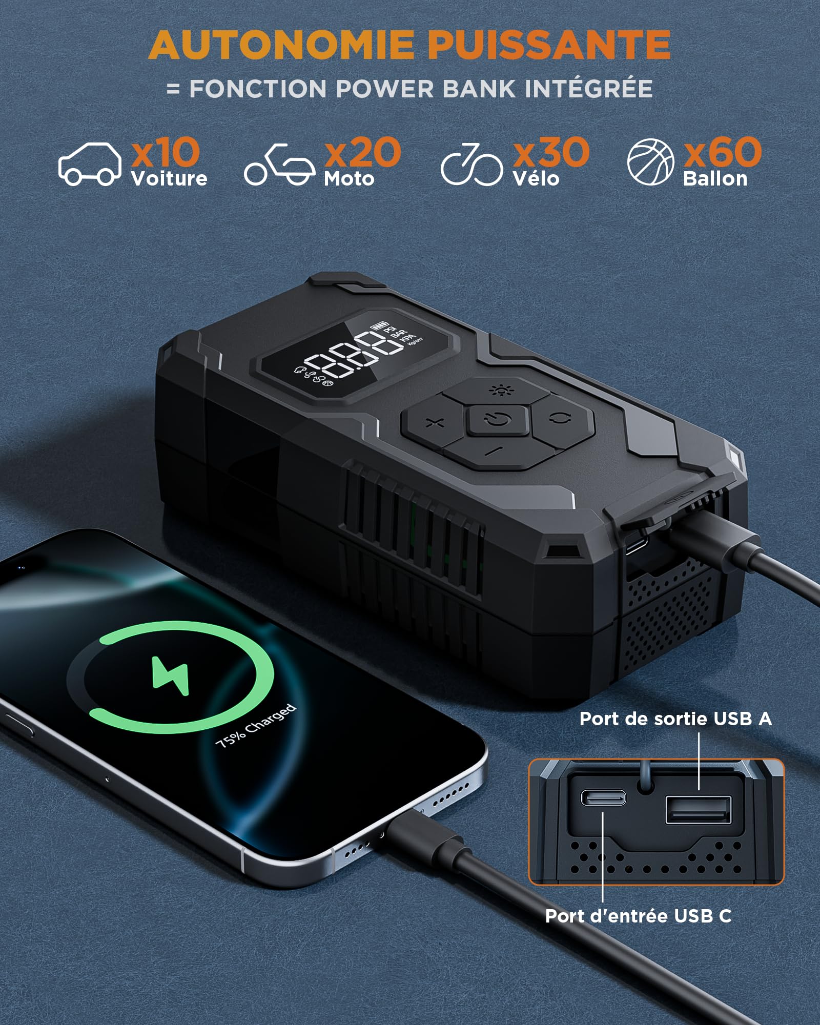 Gonfleur Pneus Voiture, Compresseur à Air Portatif sans Fil, 150 PSI (10,3 Bar), Pompe À Velo Électrique, Arrêt Automatique, LED, avec Tuyau de 60 cm, Noir