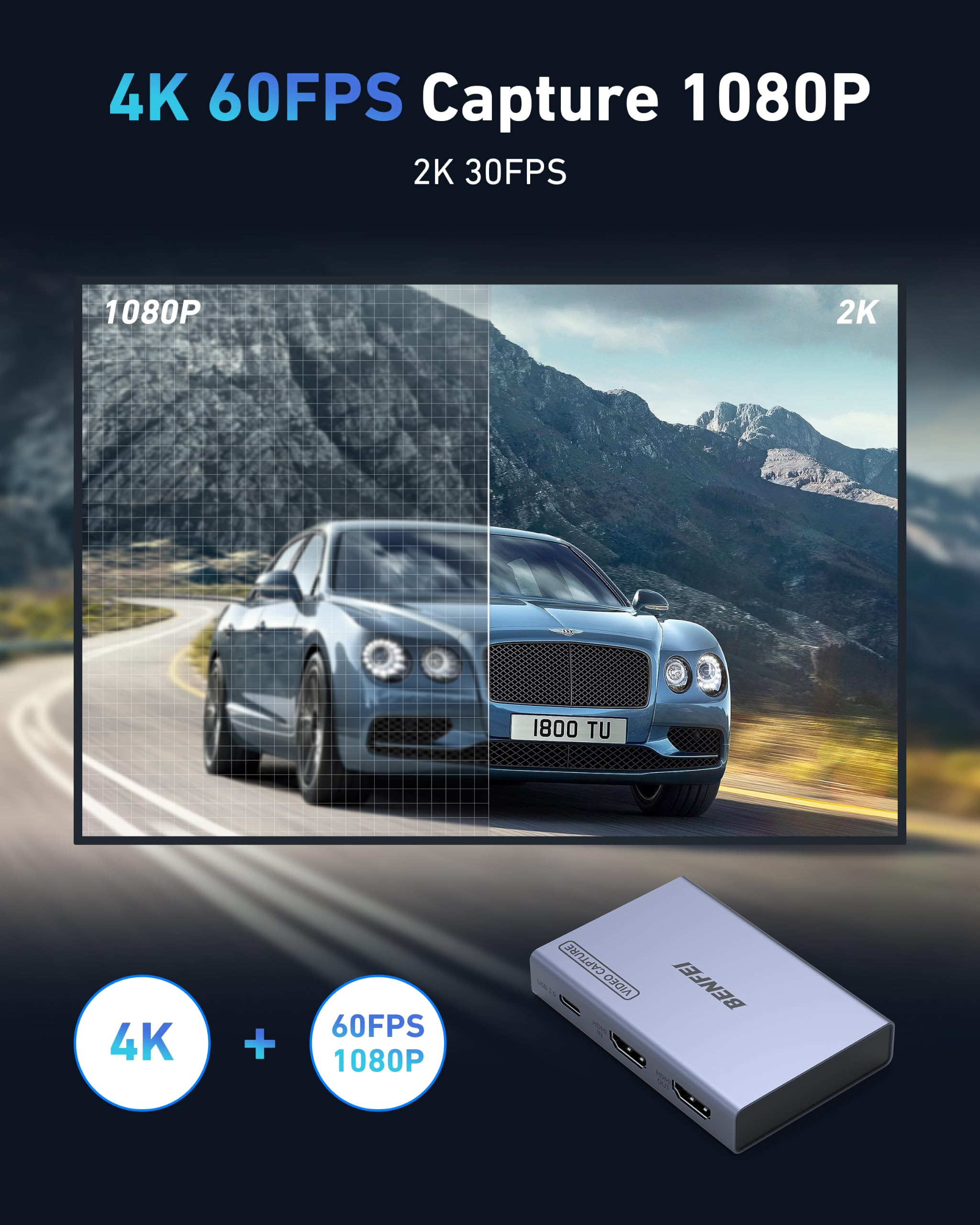 BENFEI Carte de capture vidéo HDMI vers USB-C 4K@60Hz avec sortie boucle, appareil de capture de jeu basse latence 1080P 60FPS pour streaming, jeux, Switch, PS4/5, Xbox, Mac, ordinateur portable