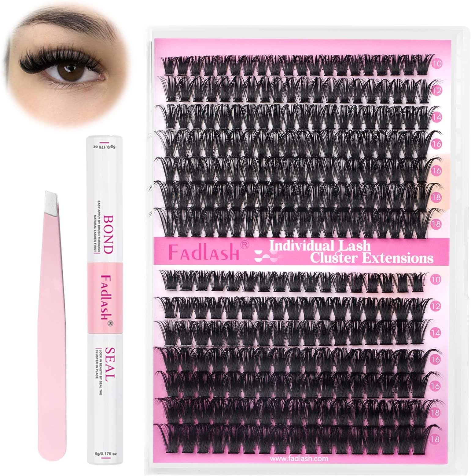 FADLASH Eyelash Extension Kit Lash Clusters D Curl Mix Tray Thin Band DIY Lash Extension Kit with Lash Bond and Seal Lash Tweezers Eyelash Applicator Tool Individual Lashes(60D+80D Kit,07D-10-18mm)