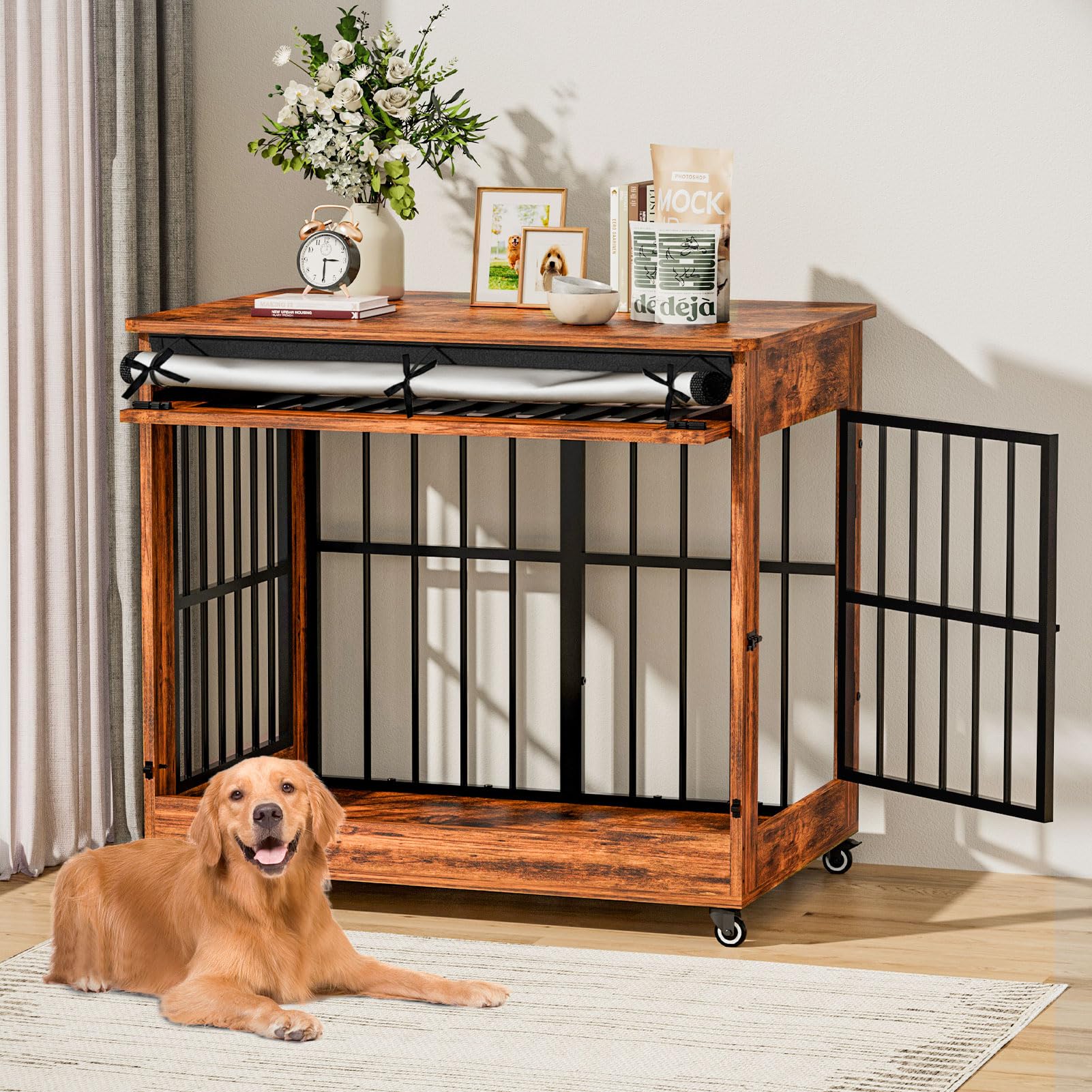 42" Large Dog Crate Furniture, Double Door Wooden Indoor Dog Kennel Furniture, Pet Cage Decorative with Wheels for Large Breed Dogs, Size XL, Vintage Brown