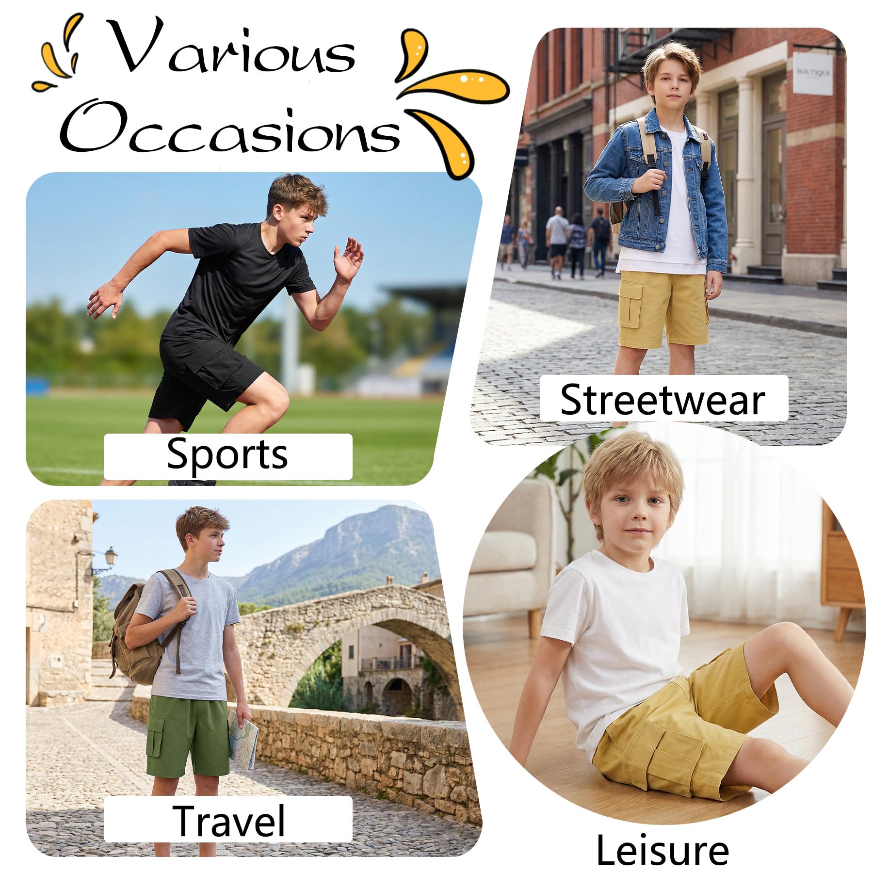 Shorts Cargo Niños, Cintura Elástica Short con Múltiples Bolsillos, Baggy Ligero Pantalones Corto Deportivos, Transpirable Pantalón Casual Streetwear para Infantil 7-15 Años