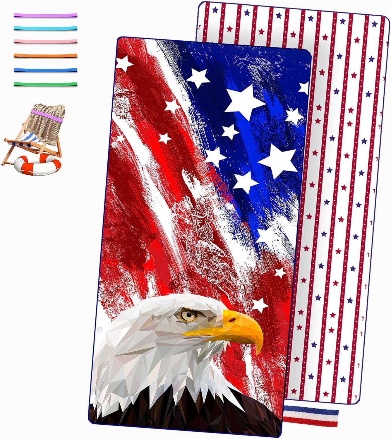 Oversized Beach Towel Microfiber Large Bath Towels Quick Dry Sand Free Travel Beach Towel American Flag 71"x32" Swim Pool Yoga Camping Towel Adults，with One Beach Towel Bands