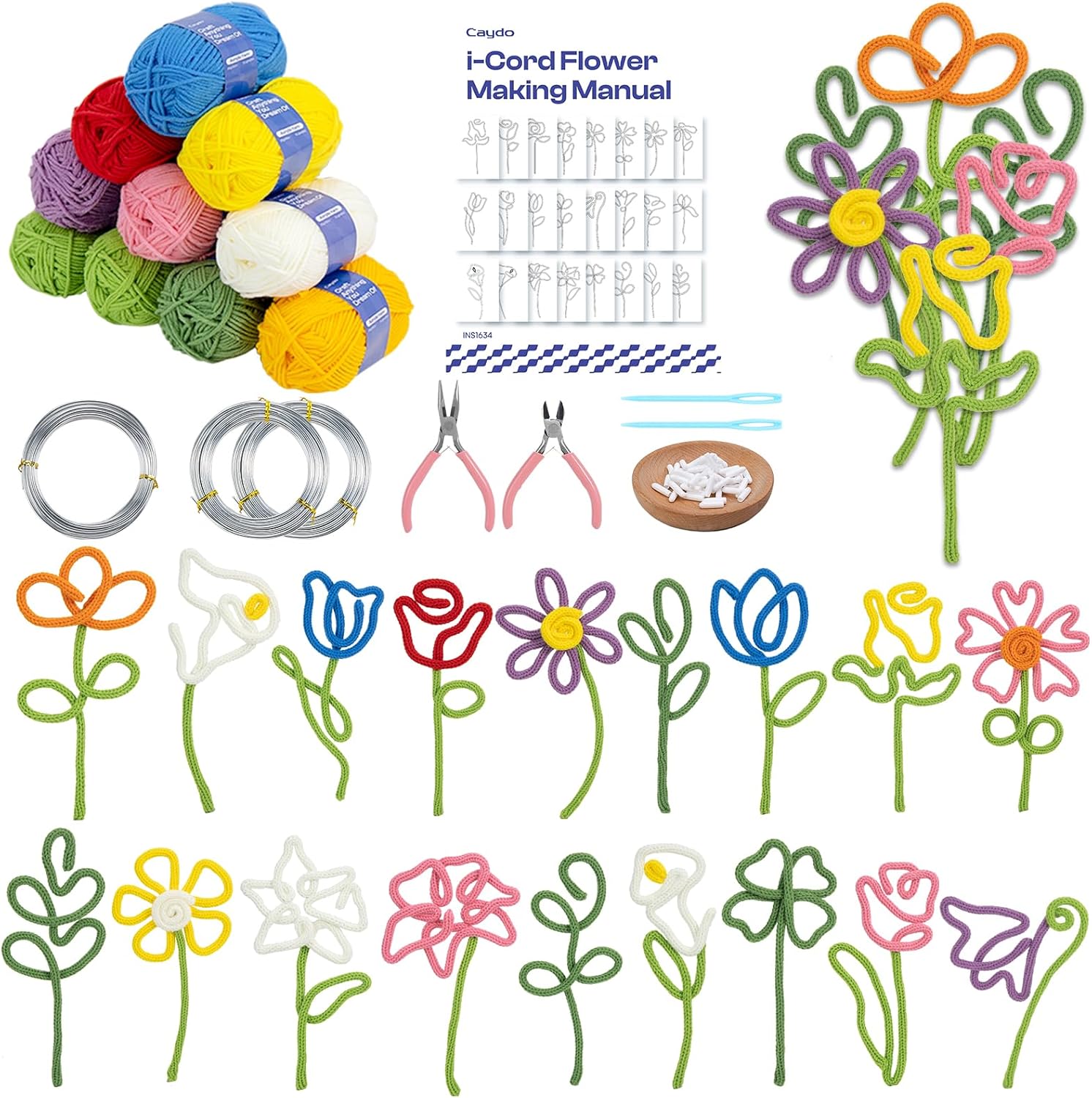Caydo i Cord Flower Making Kit with 20 Flowers & 4 Leaves Templates, 10pcs Yarn and 82ft Craft Wire Kits for Beginner, DIY Florals Handicraft Making Kit, Learn to Knitting iCord with i Cord Maker Tool
