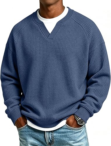Waffle Knit Long Sleeve Men Shirts Layered V Neck Pullover Sweatshirt Navy