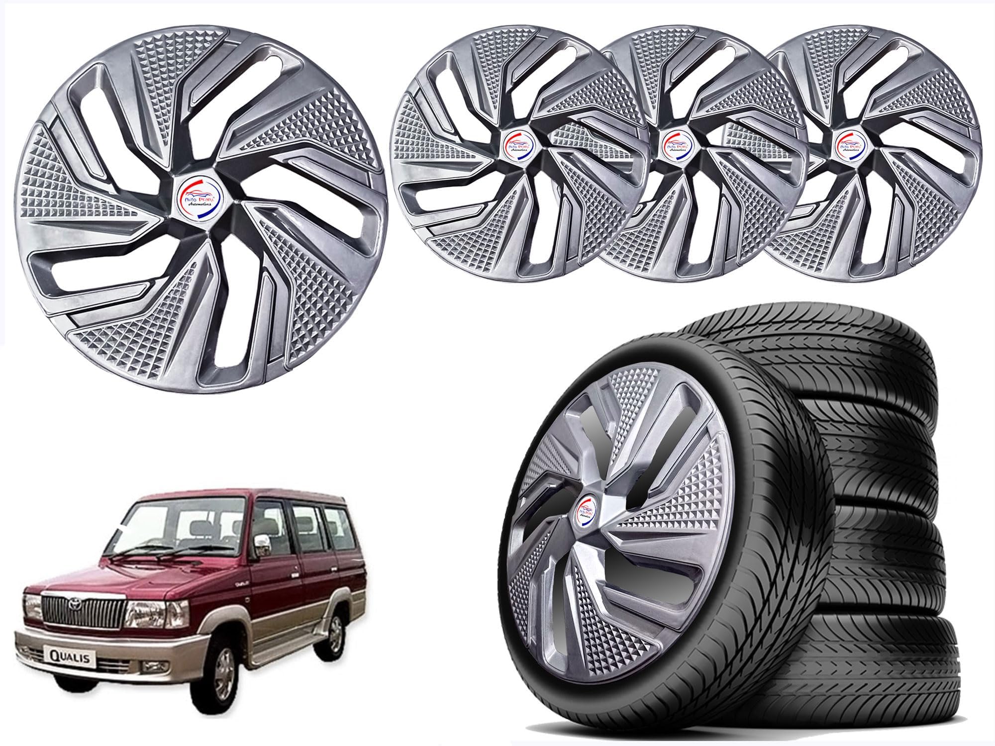 AUTO PEARL 14' inch Press Type Wheel Hubcap (Thunder) with Retention Ring |Compatible with Qualis|Color: Full Silver