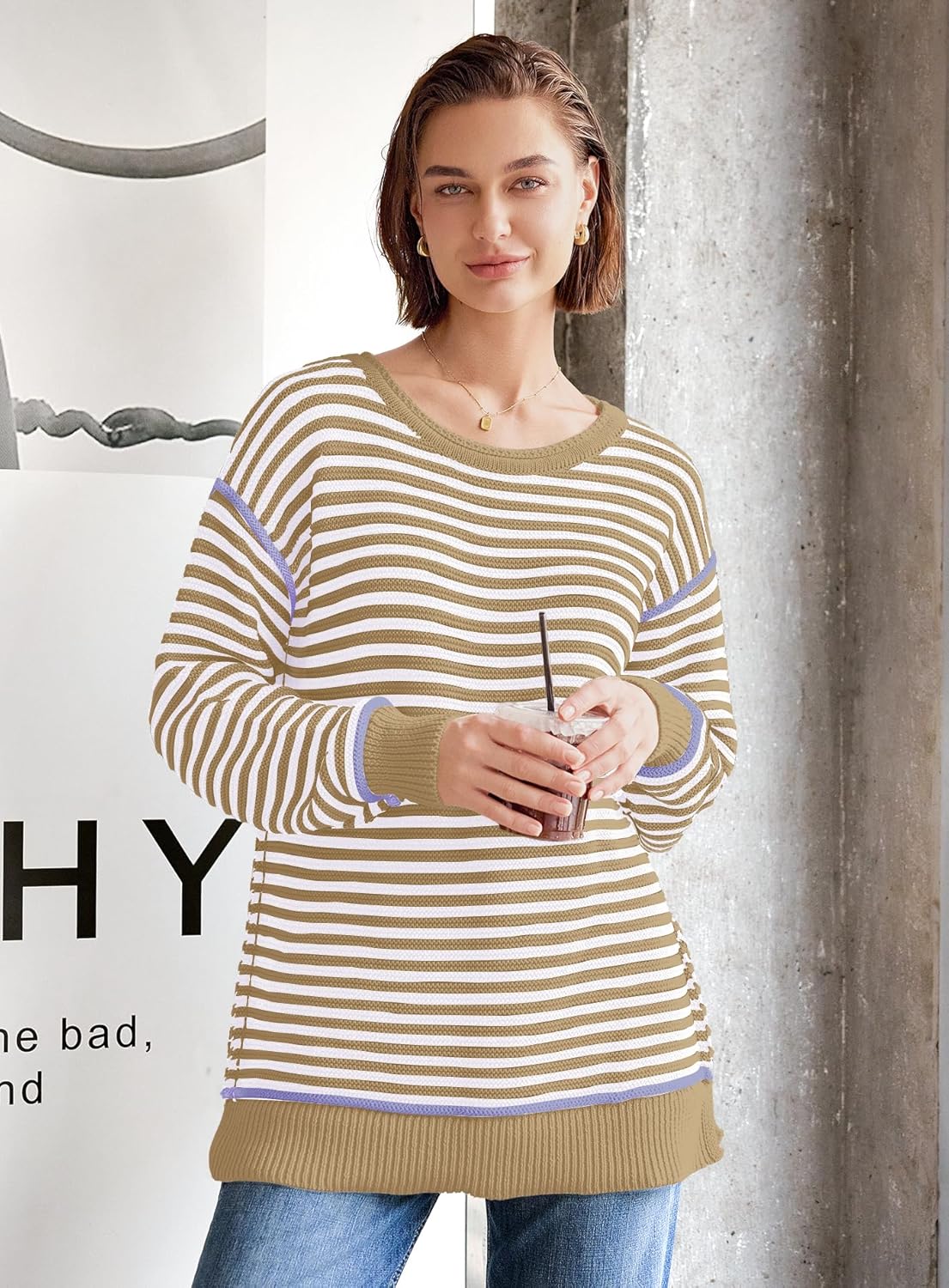 Panadila Womens Striped Oversized Sweater Fall Chunky Long Sleeve Pullover Sweaters Cable Knit Color Block Sweater Tops - Image 3