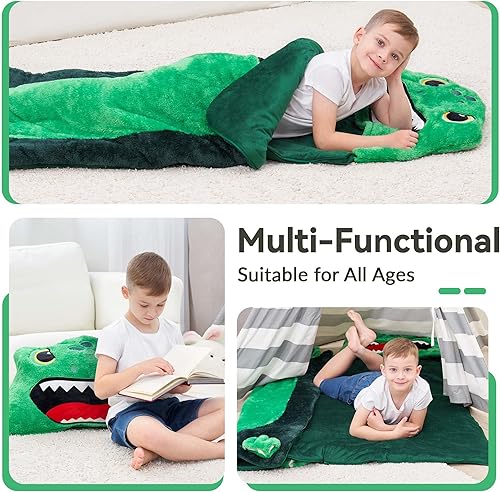 Miniatura 5 de iPlay, iLearn Saco de dormir de dinosaurio para niños, tapete para siesta de niño pequeño, saco de dormir de felpa, almohada 2 en 1 para guardería,
