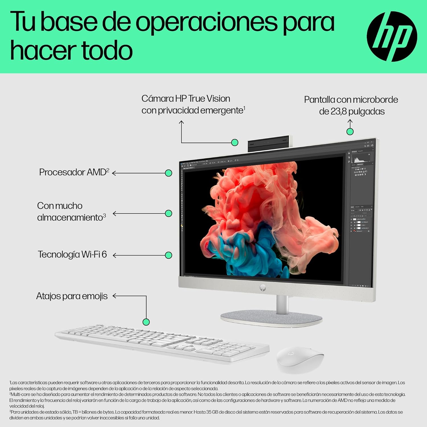 HP All-in-One 24-cr0007ss – Ordenador de sobremesa 23,8″ Full HD con cámara, Teclado y ratón inalámbricos (AMD Ryzen 5 7520U, 16GB RAM, 512GB SSD, AMD Radeon Graphics, Windows 11 Home) Blanco 4
