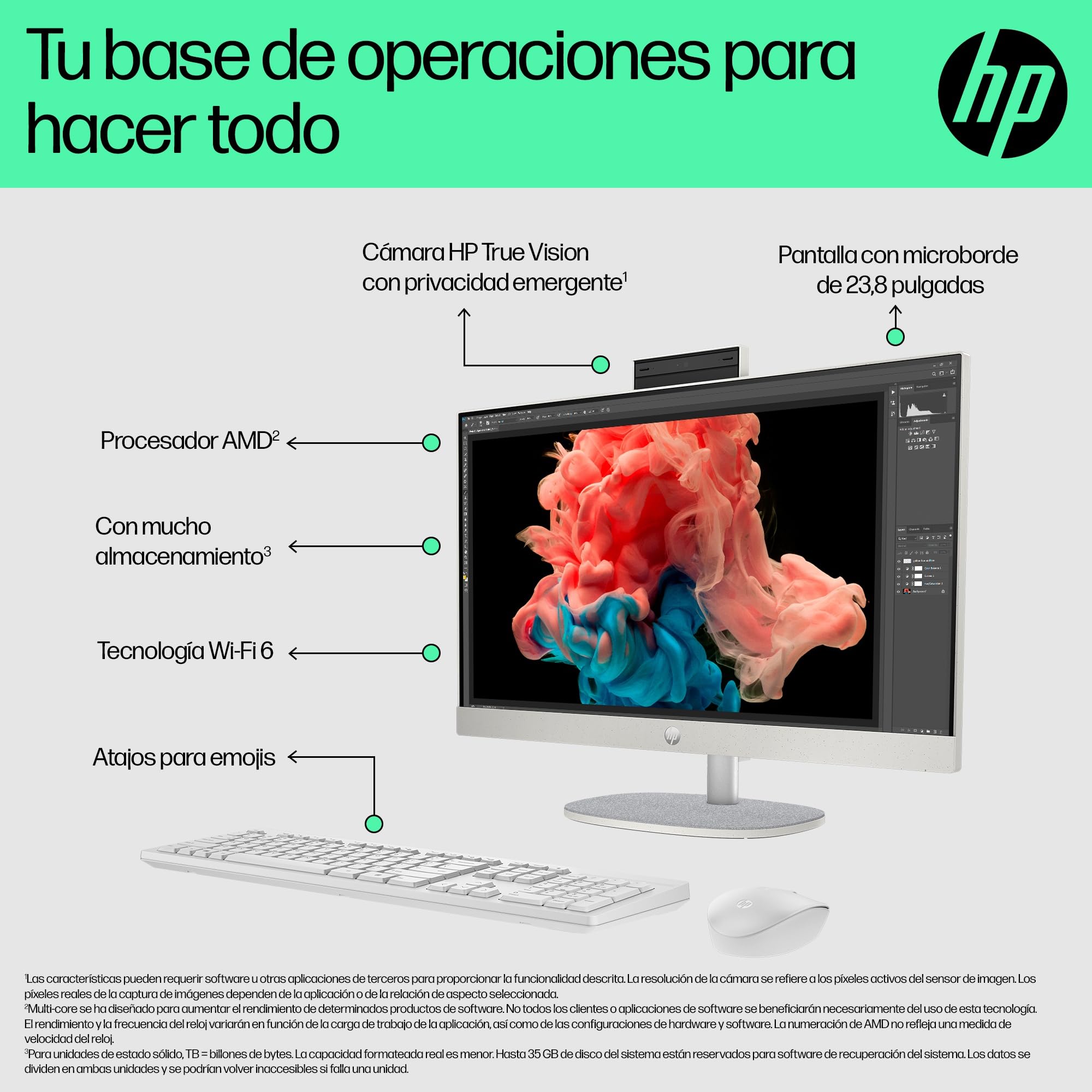 HP All-in-One 24-cr0007ss - Ordenador de sobremesa 23,8" Full HD con cámara, Teclado y ratón inalámbricos (AMD Ryzen 5 7520U, 16GB RAM, 512GB SSD, AMD Radeon Graphics, Windows 11 Home) Blanco