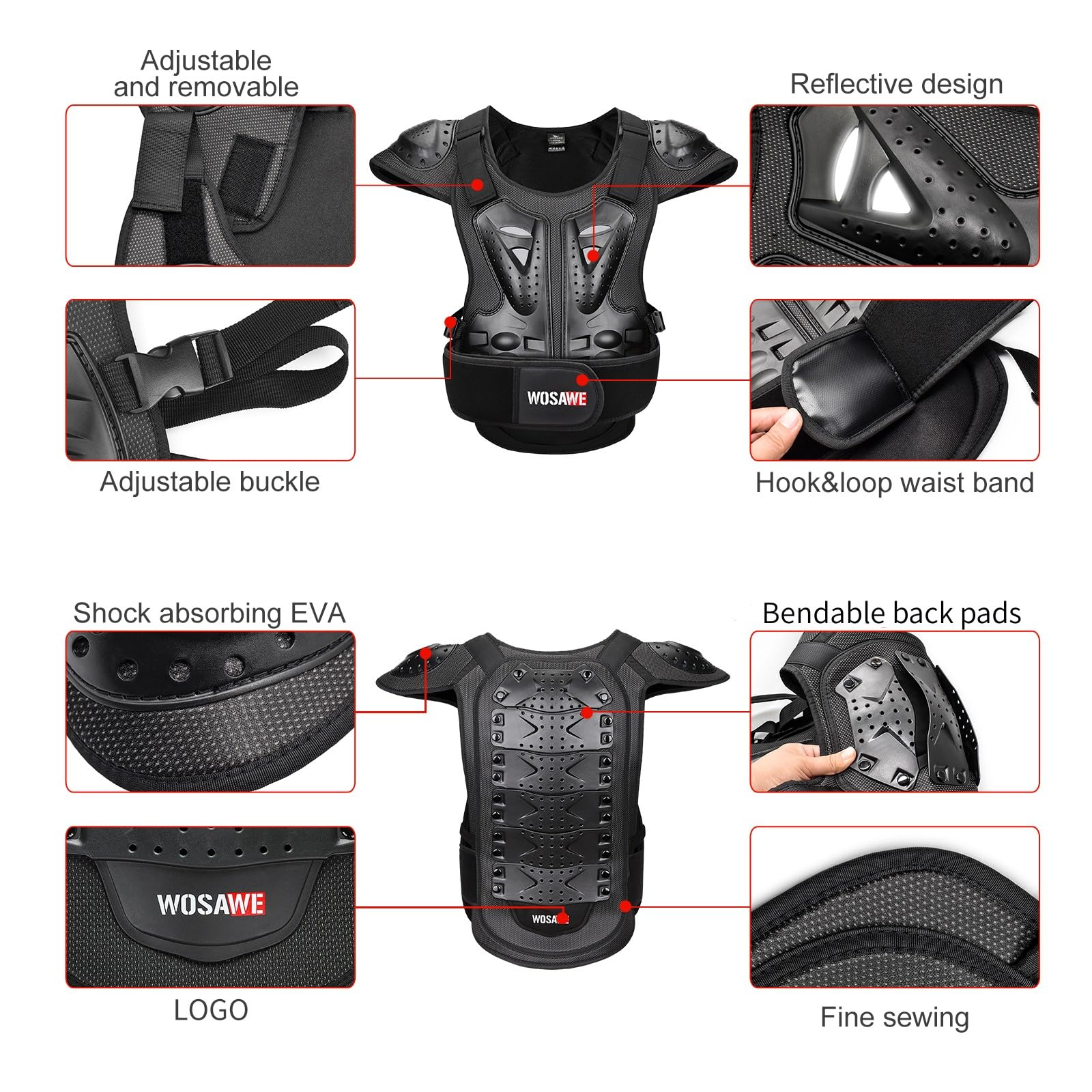 WOSAWE Motorrad Jacke für Erwachsene, Brust- und Rückenpanzer Design Racing Jacke für Riding Skating Roller Skifahren Snowboard (15 Schwarz, M)