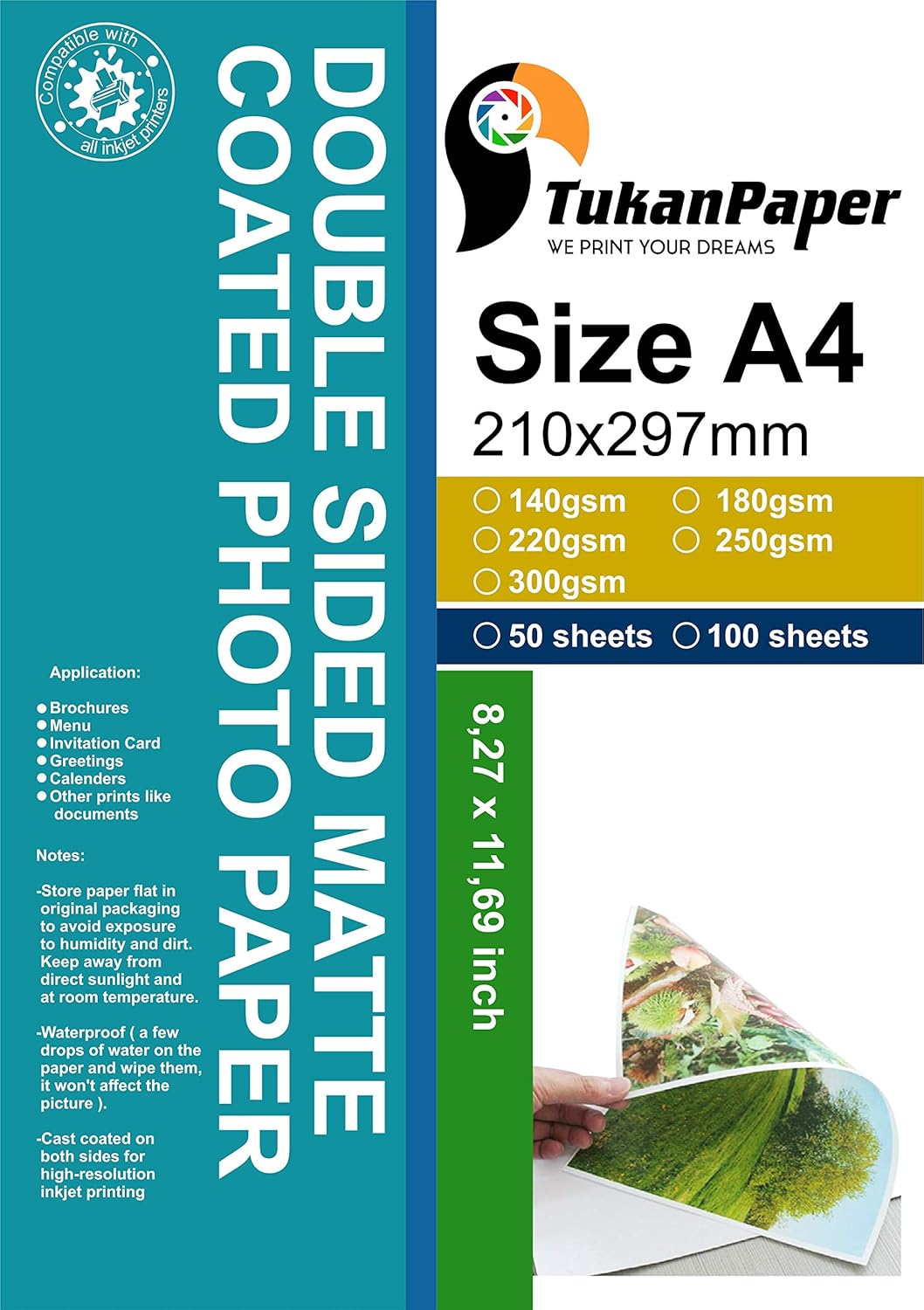 Picture Double sided matte all Inkjet printer Photo Paper 8.3"x11.7" A4 Size 100 sheets weight 120gsm for photography menu note cards invitations signages and craft projects