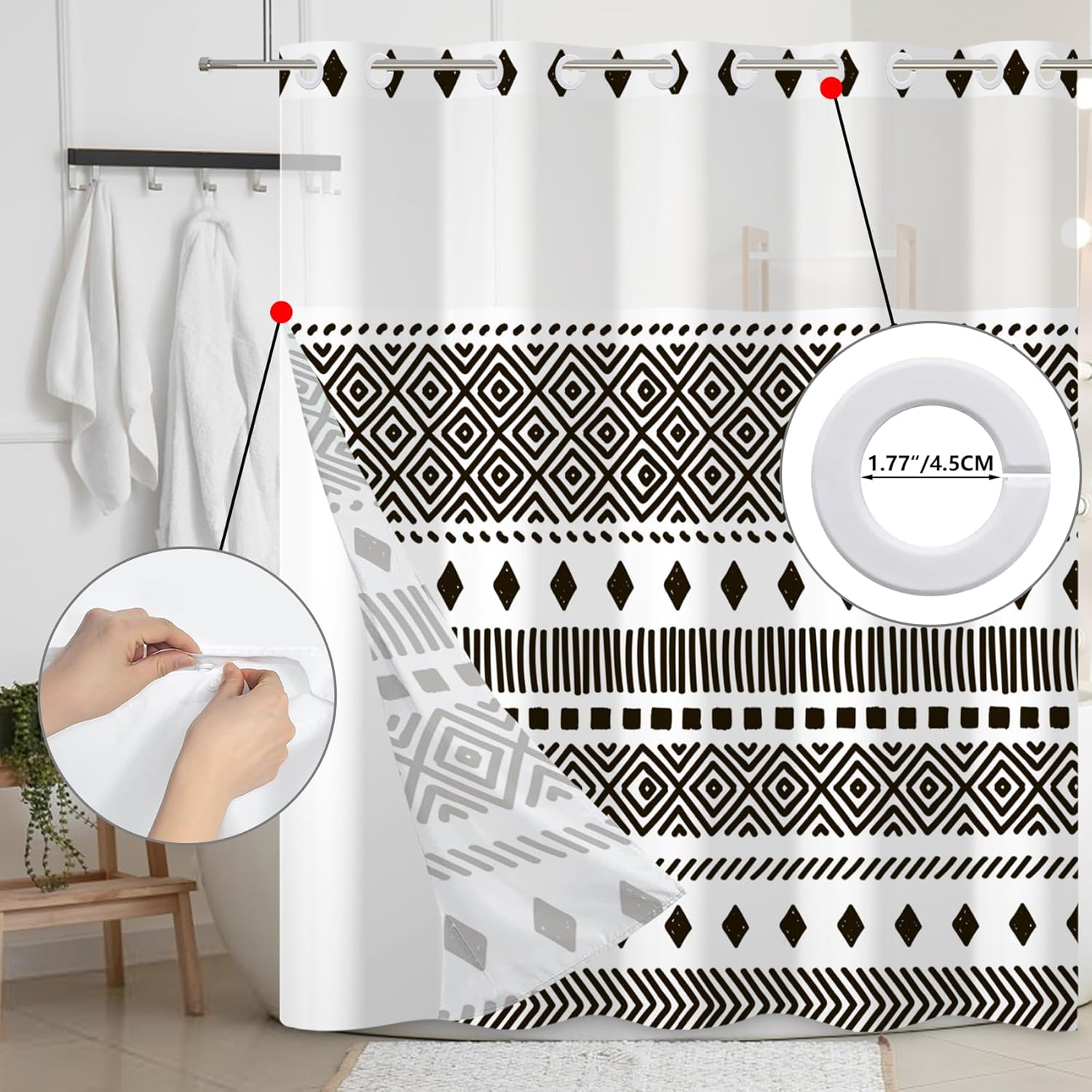 Baocicco No Hook Black White Boho Stripe Shower Curtain Bohemian Aesthetic Shower Curtain with Snap-in Fabric Liner Set Decorative Double Layers & Machine Washable for Easy Clean 71x74 Inch