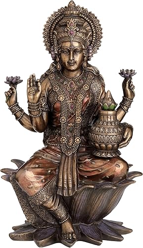Veronese Design 13 pulgadas Lakshimi sentado en Lotus Escultura de resina fundida en frío Acabado de bronce Hindú Dios Ídolo