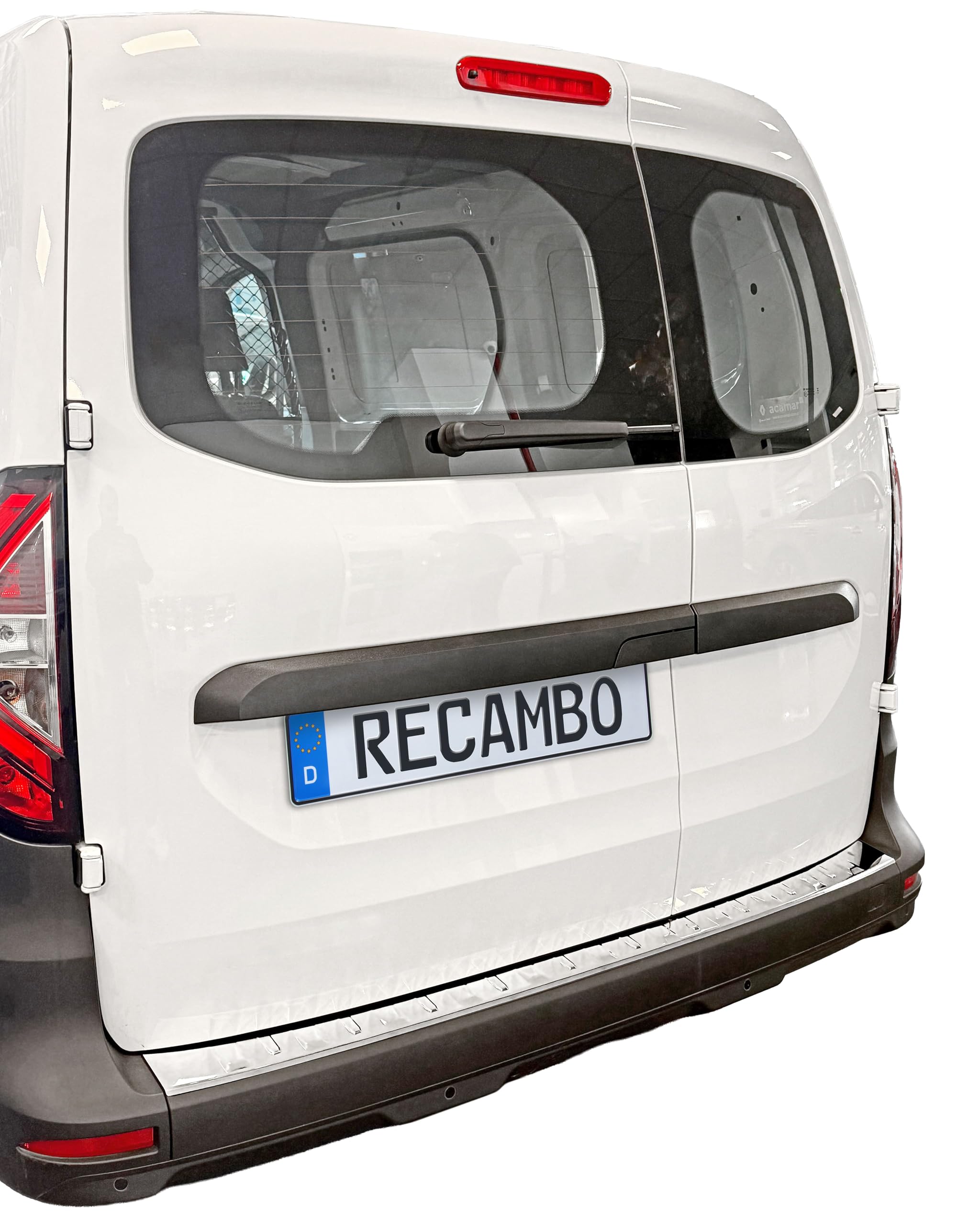RECAMBO Protector de parachoques de acero inoxidable cromado apto para Renault Kangoo III a partir de 2021 – Protección contra arañazos, contorno perfecto, acero inoxidable, base de cinta adhesiva