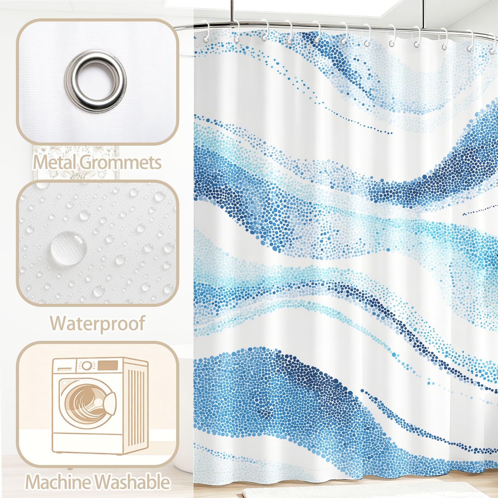 Rideau de Douche Moderne Minimaliste en Polyester imperméable et Lavable avec Crochets, 240 x 200 cm, Rideau de Salle de Bain Abstrait Frais Été Pois Fluide Vagues pour Salle de Bain