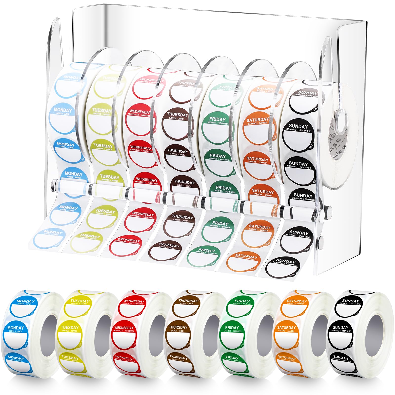 7000 Pcs Day of The Week Labels Food Labels with Adjustable Label Dispenser Monday Through Sunday Management Inventory Stickers Removable Weekly Self Adhesive Date Dot Stickers (Circle)