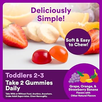 SmartyPants Toddler Multivitamin Gummies, Omega 3 (DHA/EPA), Vitamins D3, C, Vitamin B12, B6, A, K & Zinc, Biotin, Gluten Free, Three Fruit Flavors, 60 Count (30 Day Supply)