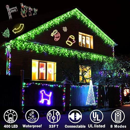 Vista 152 de KNONEW 164 pies 1600 luces LED de Navidad decoración al aire libre, temporizador blanco, 8 modos de luces colgantes con 320 gotas, enchufe en Blanco