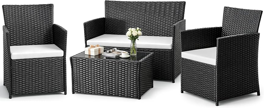 4pc Black Rattan Garden Set with Beige Cushions for Patio