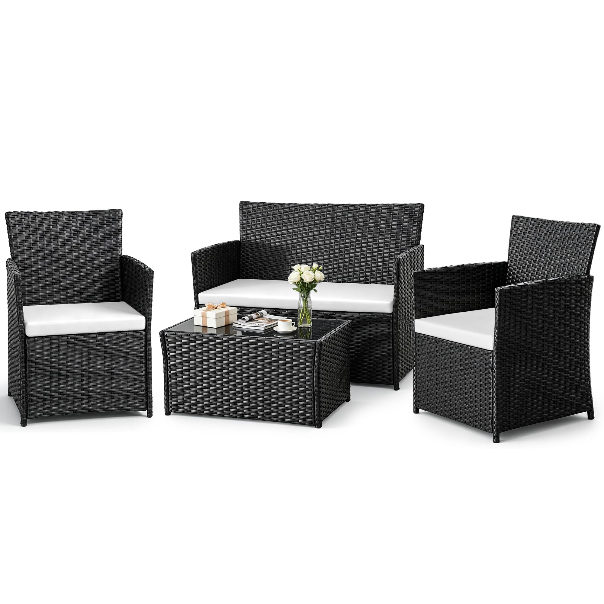 Yaangagpe 4pc Black Rattan Garden Set with Beige Cushions for Patio โ image 1