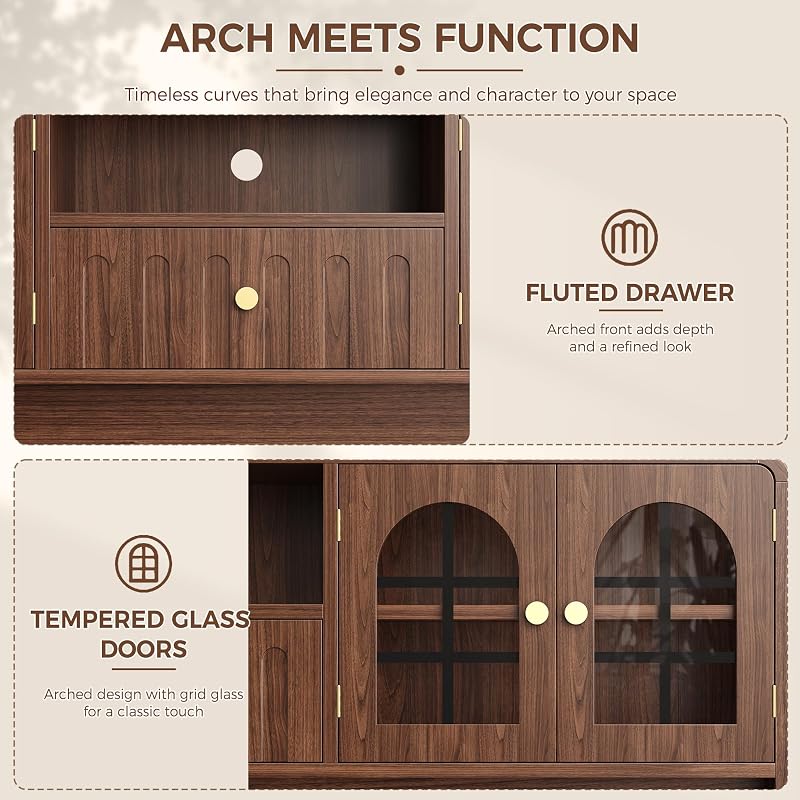 IRONCK 70 Inch TV Stand with Arched Glass Doors for Living Room, Walnut image 3