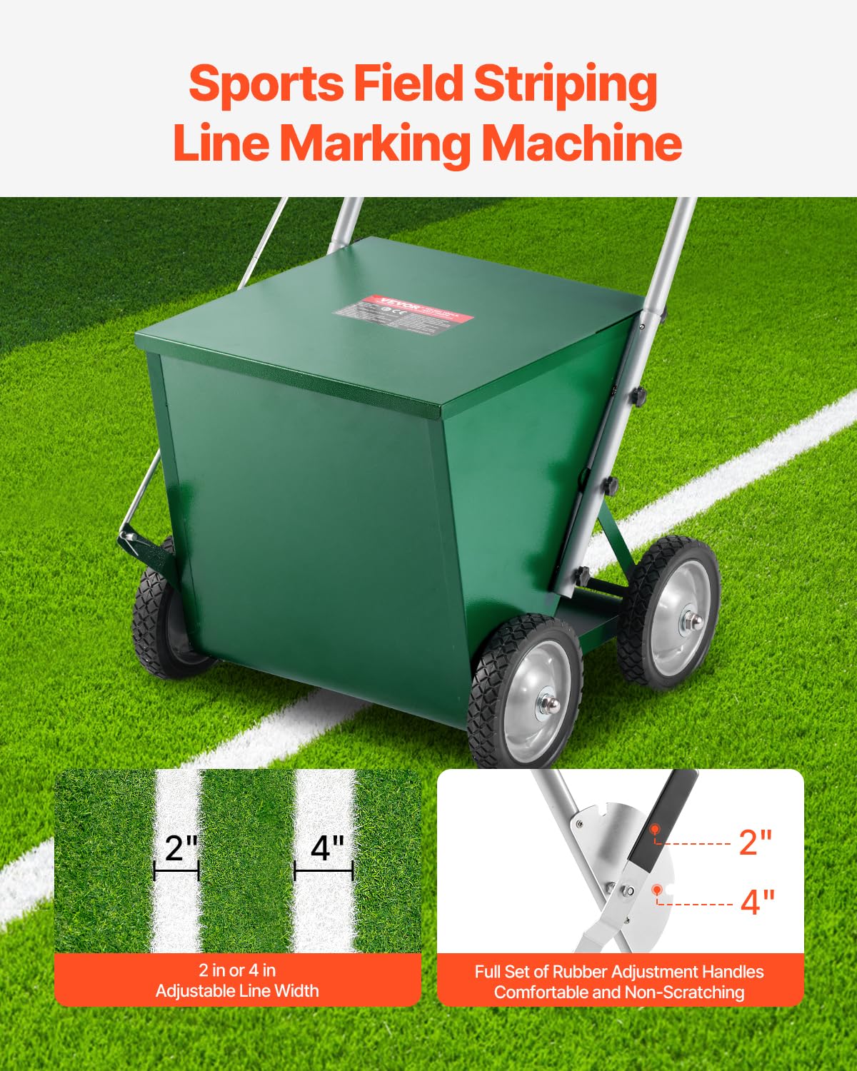 VEVOR Marcador de Línea Seca con 4 Ruedas, Ancho de Raya 50/100 mm, Marcador de Línea Ajustable con Mango de Ajuste de Goma, Capacidad de Polvo Seco de 29,5 kg para Campo de Béisbol y Sóftbol, Verde