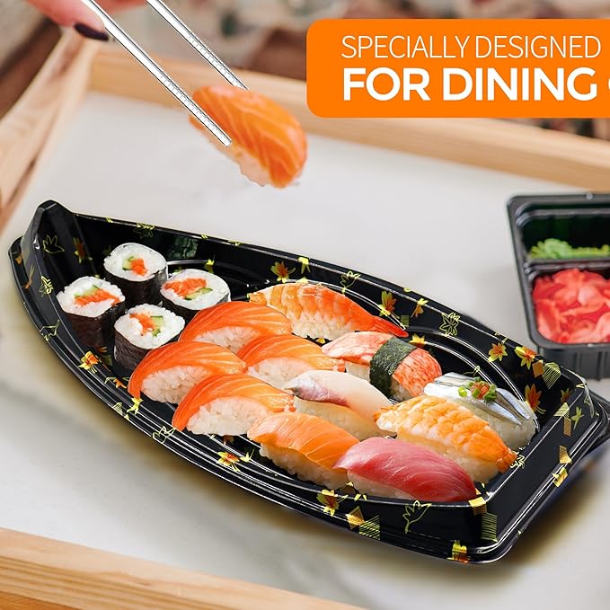 60 Piezas Barco Sushi Desechable Premium con Tapa, Plato de Servicio, para Fiestas miniatura 4