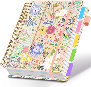 Spiral Journal Notebook for Work, 300 Pages 5 Subject Notebook College Ruled with Dividers & Tabs, 8''x 10'' Large Cute Notebooks Journal for Women Students Note-Taking and Organizer (Beige Bloom)