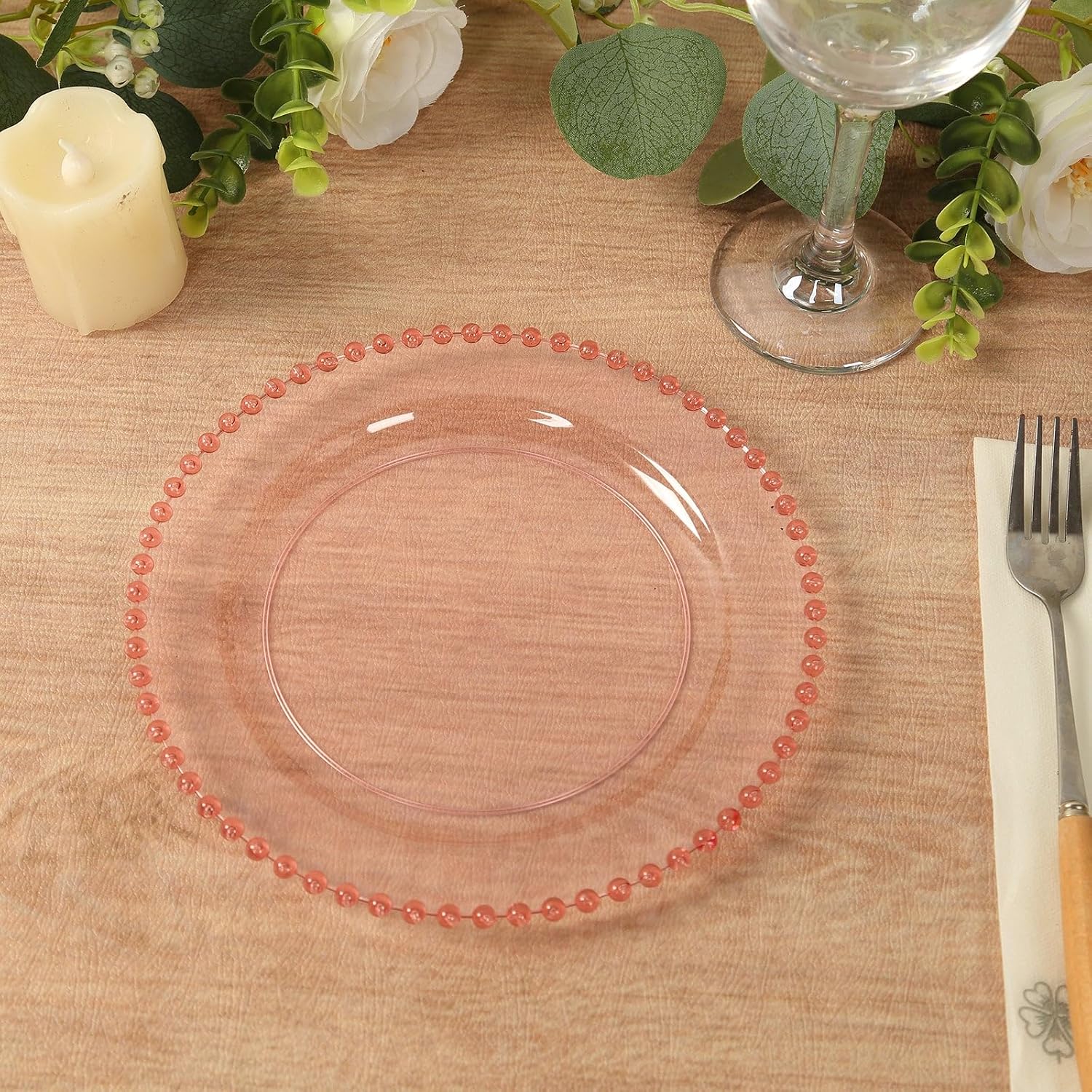 Efavormart 10 Pack Transparent Blush Plastic Dessert Plates with Beaded Rim, Disposable Round Salad Plates - 8"