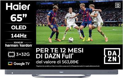 Haier OLED 4K HDR H65C95EUX 65″ Smart TV, Google TV, Dolby Audio, Suono Harman Kardon, Movimenti fluidi 144Hz, Controllo Vocale, Bluetooth 5.1, HDMI 2.1 x 4 [2025]
