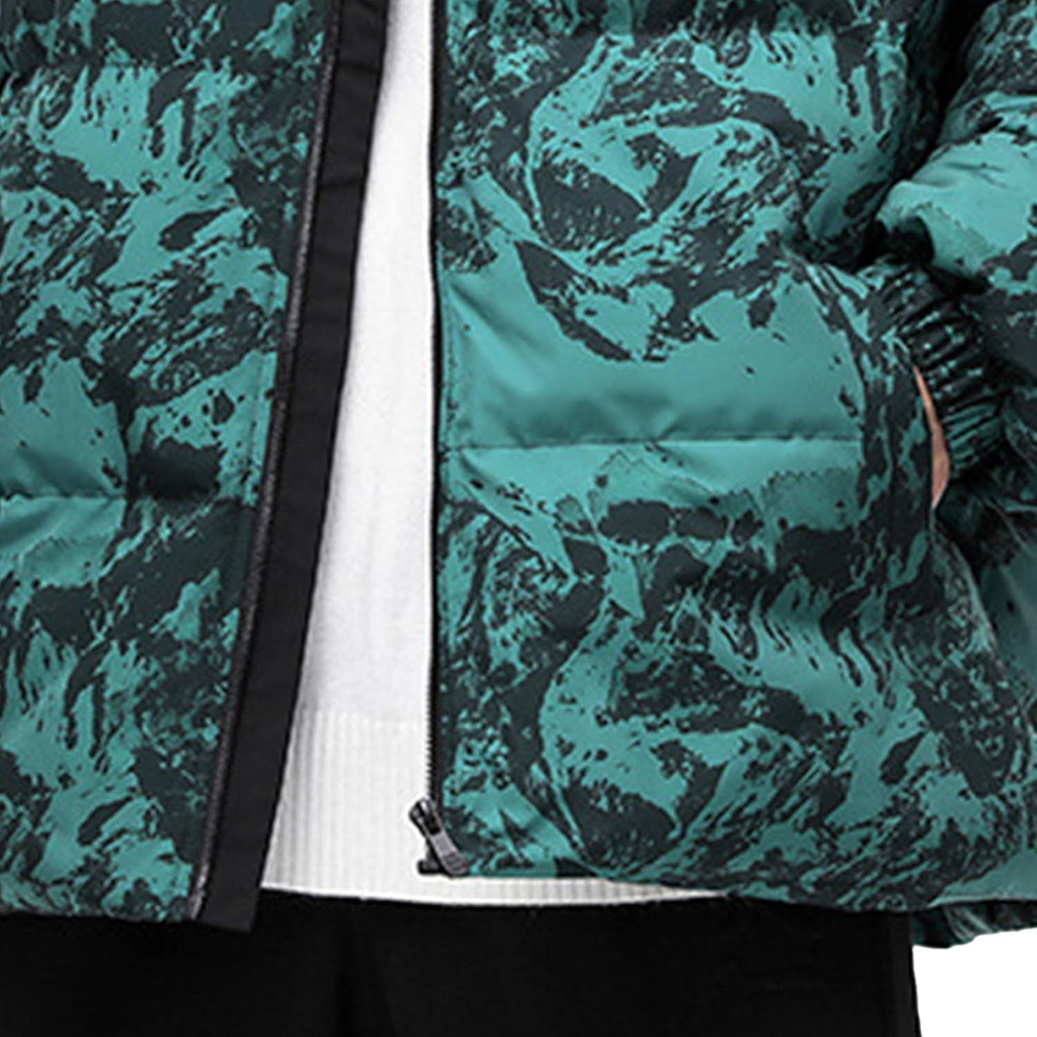 Men's Padded Winter Jacket Stand Collar Printed Warm Lightweight Coat Windproof Slim Fit Patchwork Warm Outwear