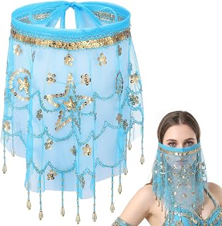 Women's Belly Dance Face Veil,Belly Dance Tribal Face Veil with Sequins for Halloween Costume Accessory, Party