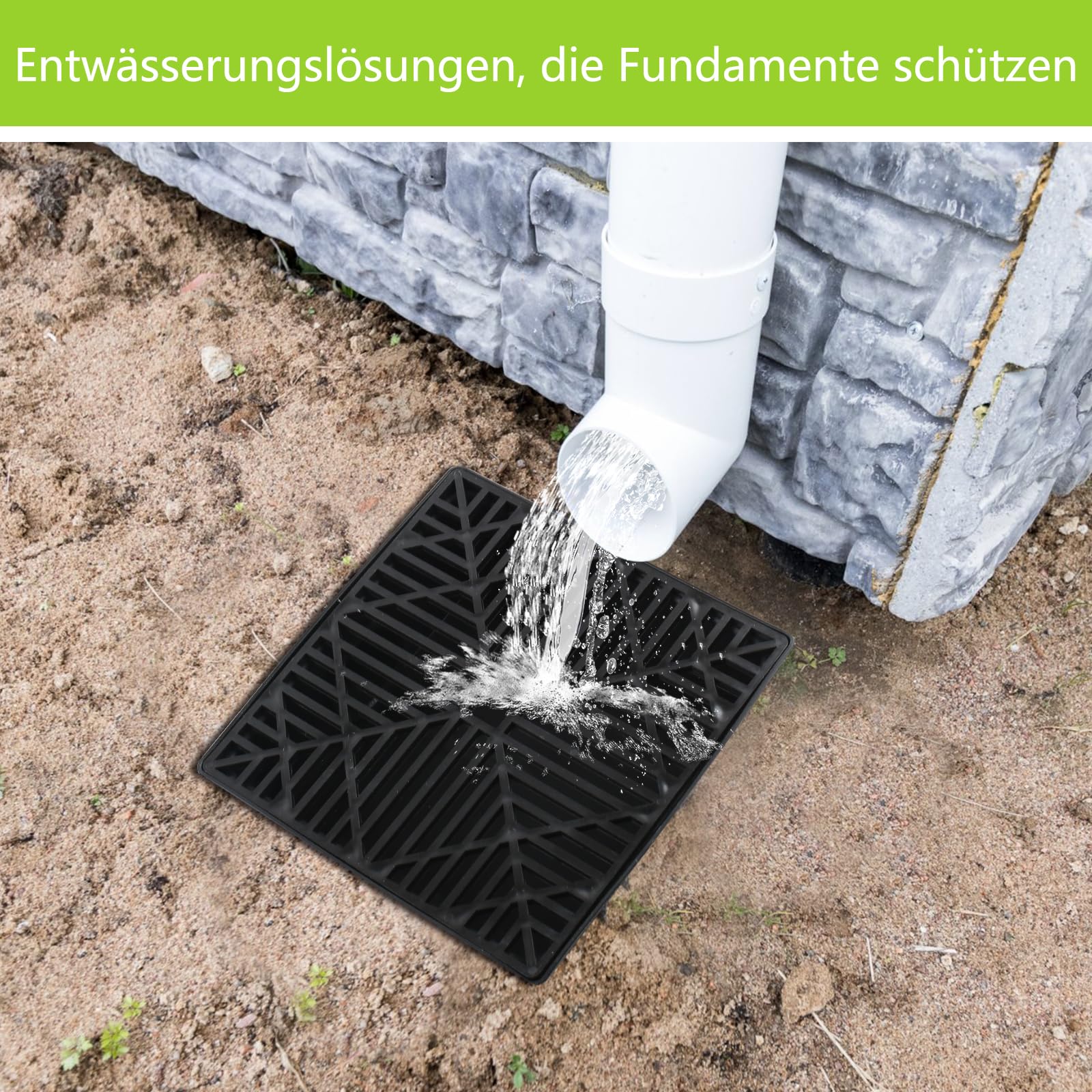 Drain de Gouttière, 23x23cm Regard Eau Pluviale avec 1,55m Flexible Pouces, Pluie Drain, Tuyau de Descente de Gouttière pour Pelouse, Ciment, Sol