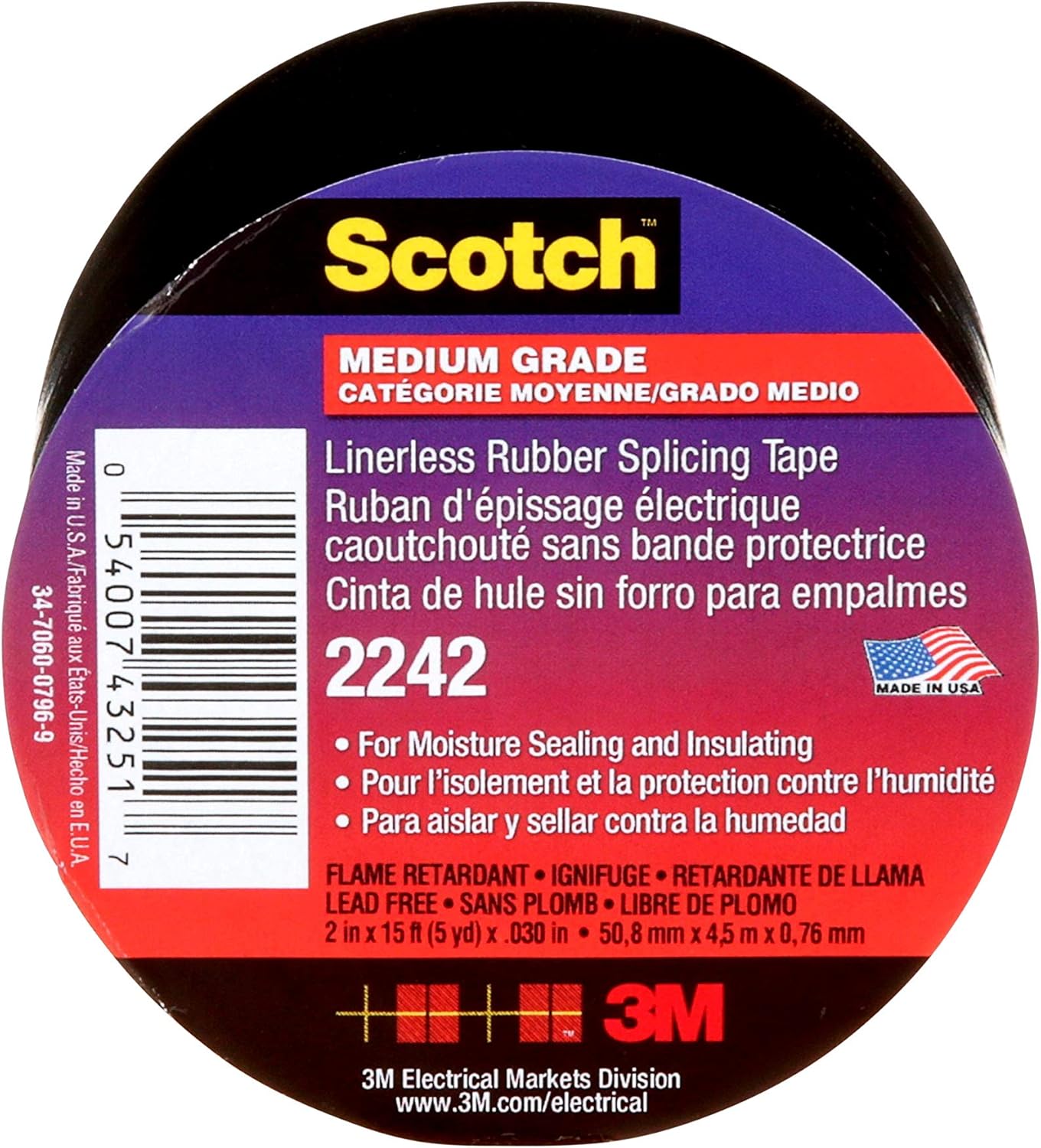 3M Linerless Electrical Rubber Tape 2242, 2 in x 15 ft, 1 in core, Black, General Purpose Self-Fusing Insulating Tape, 1 roll